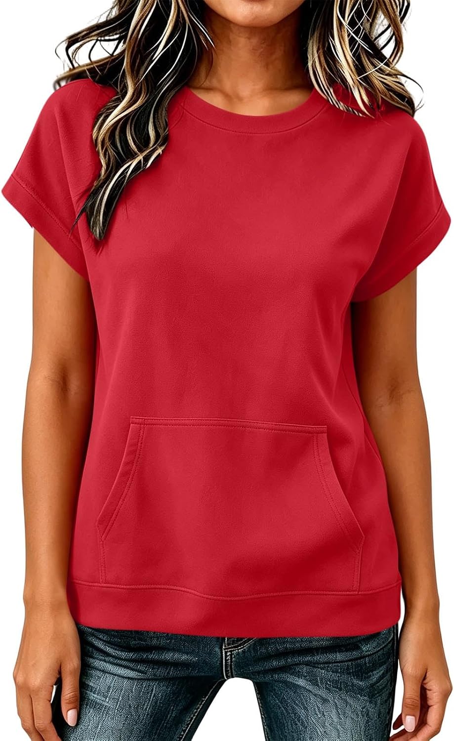 Women's Short Sleeve Sweatshirt Top Casual Crewneck Short Sleeve Pullover Loose Fit Kangaroo Pocket Summer Tee Tops