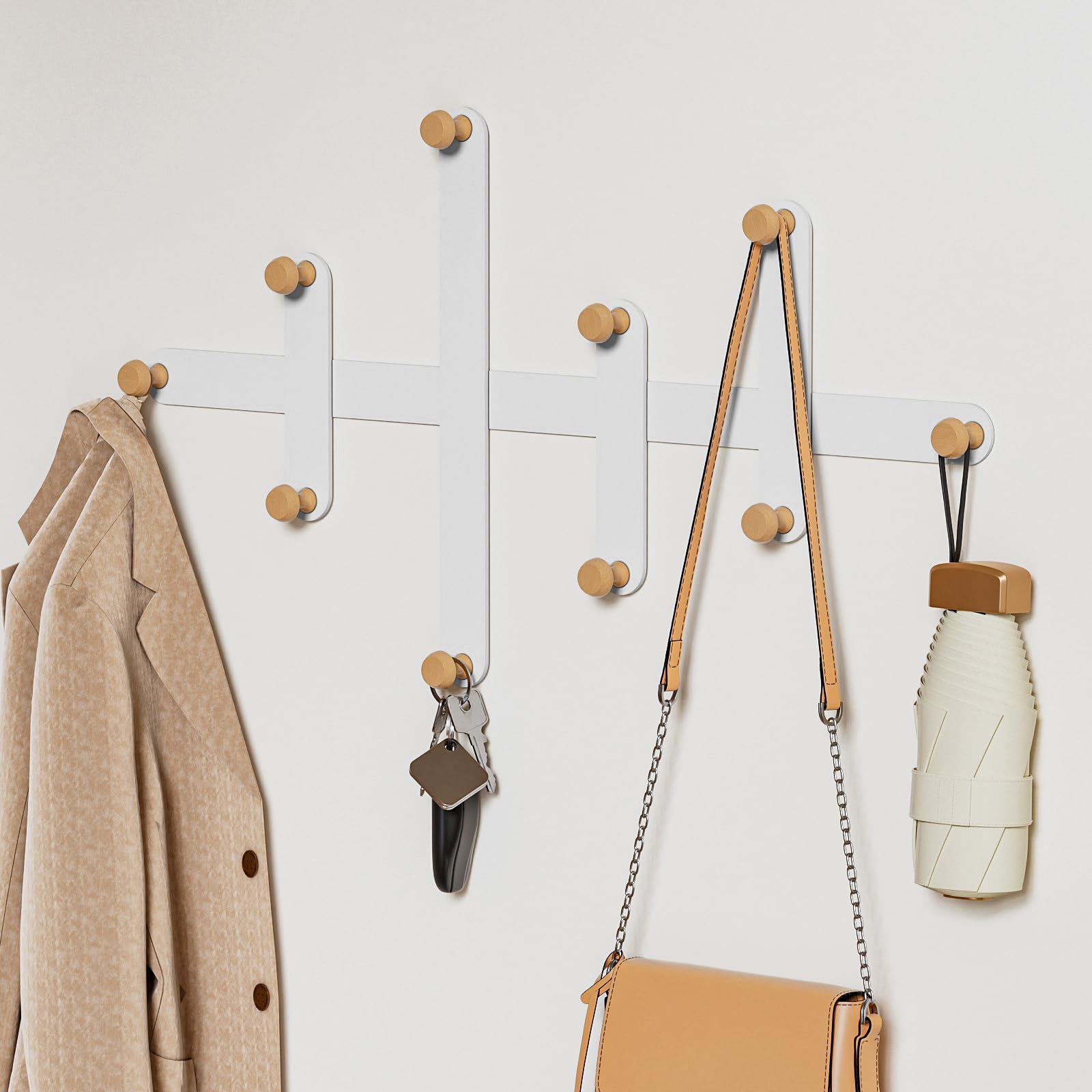Perchero de pared de metal – negro moderno diseño minimalista – Perchero con 10 ganchos de madera para entrada, salón, dormitorio, oficina (Blanco)