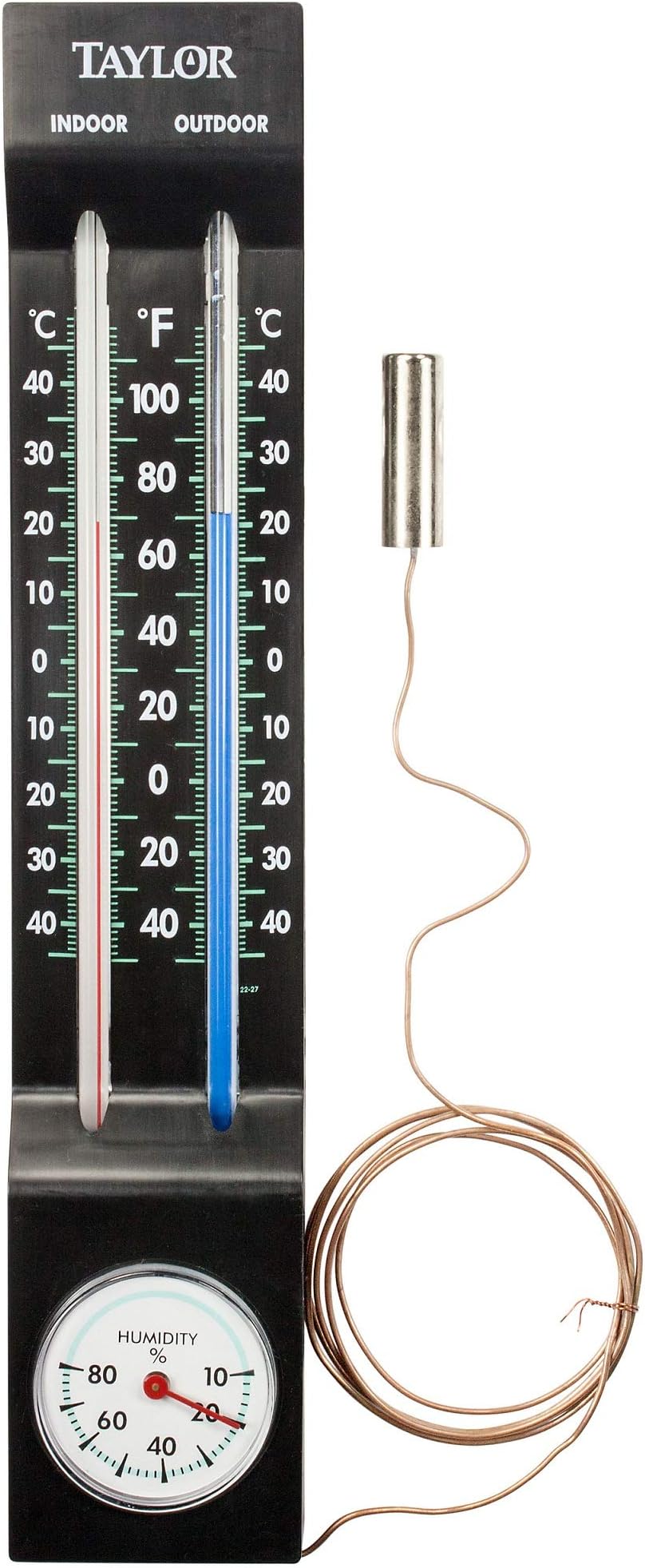 Taylor Precision 5329 Indoor/Outdoor Thermometer/Hygrometer, 10 to 80% humidity range, -40° to 120°F (-40° to 40° C) temperature range, extend tubing out window to read outdoor temperature from inside