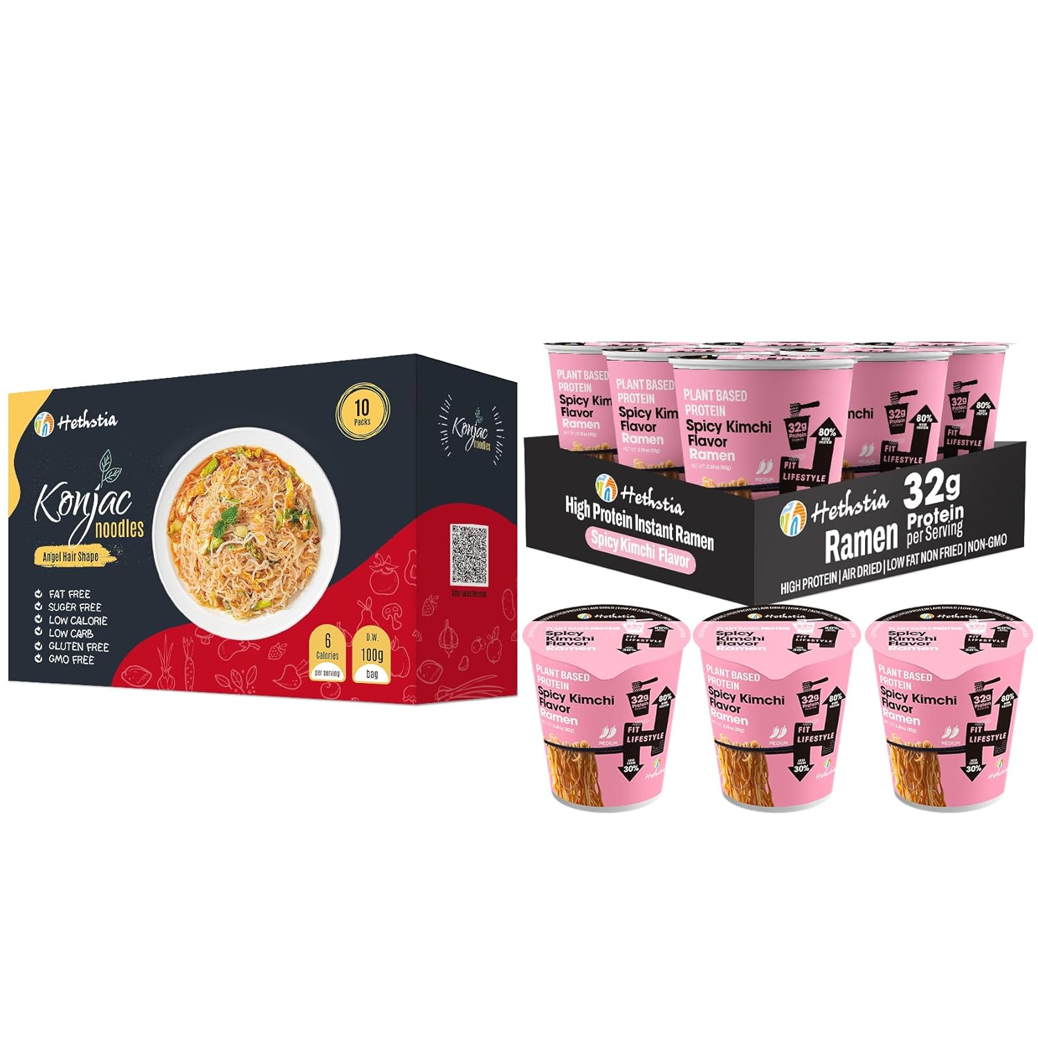 Hethstia Angel Hair Konjac Noodle & Spicy Kimchi High Protein Ramen Cup – Vegan Ready-to-Eat Shirataki + 32g Plant Protein – 10 Angel Hair Packs + 6 Ramen Cups