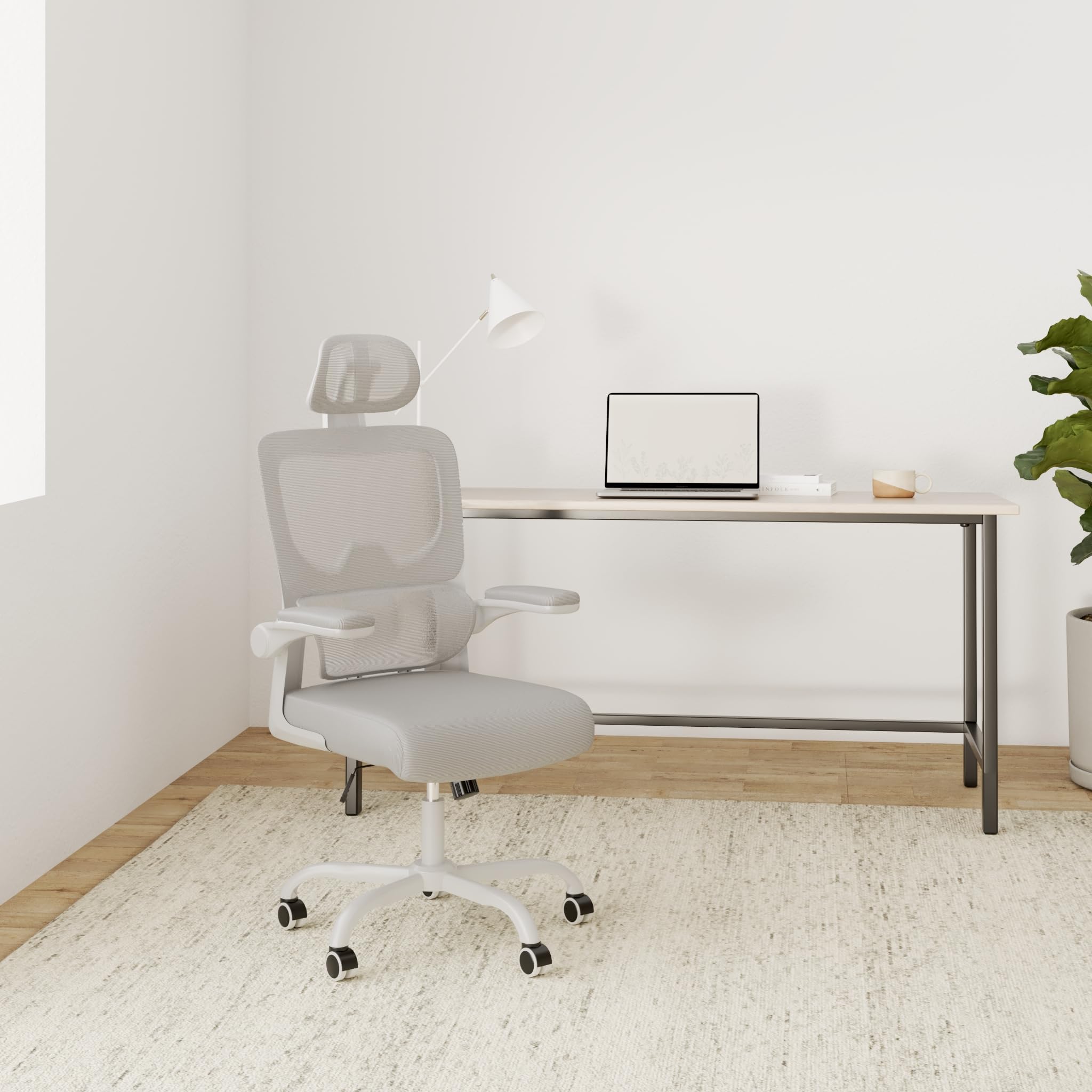 naspaluro Bürostuhl, Ergonomischer Schreibtischstuhl mit Verstellbarer Kopfstütze, Armlehnen, Dynamischer Lordosenstütze, Drehstuhl mit Atmungsaktivem Netzbezug für das Home Office, Hellgrau
