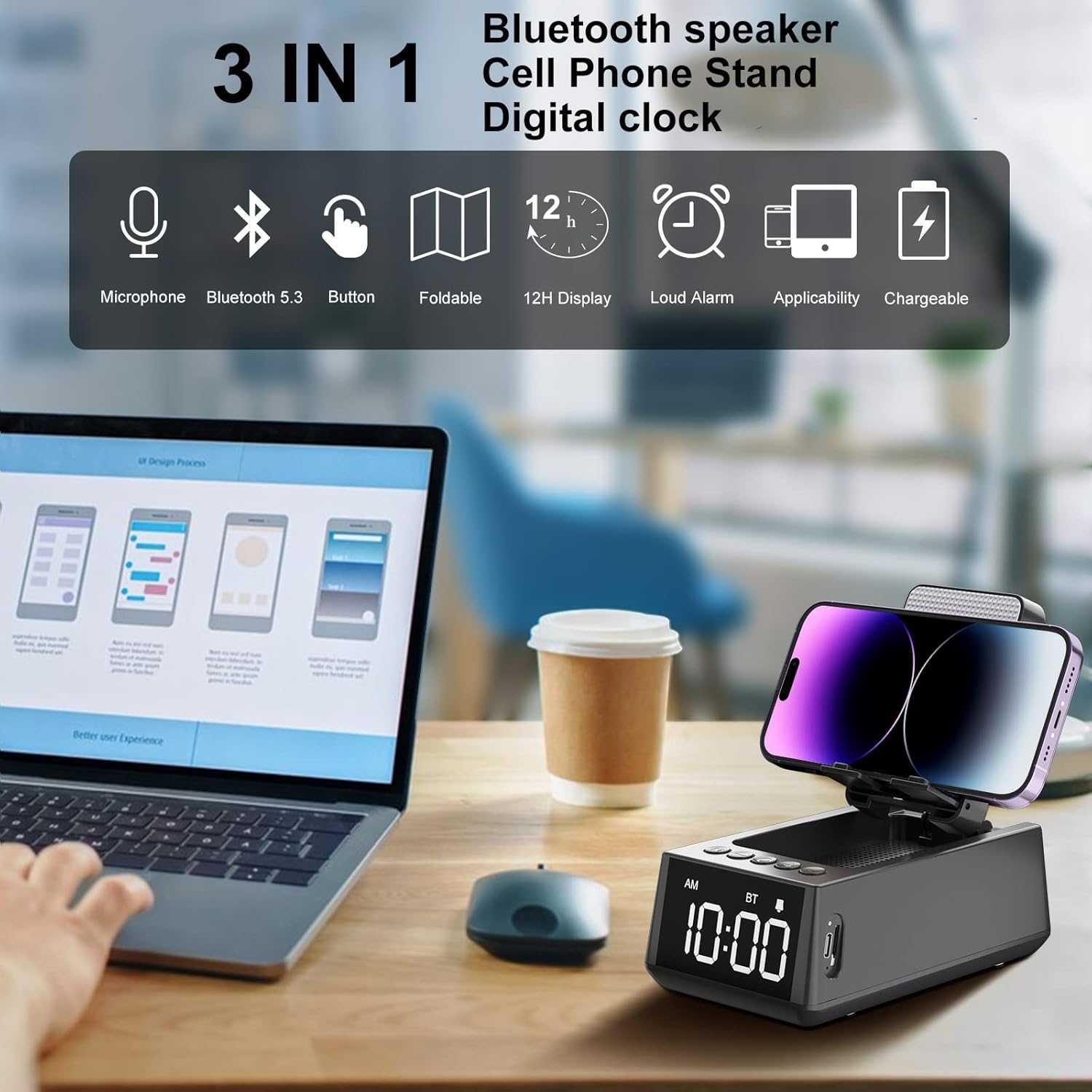 Graphic showing 3-in-1 features: Microphone, Bluetooth 5.3, Buttons, Foldable, 12H Display, Loud Alarm, Applicability, Chargeable.