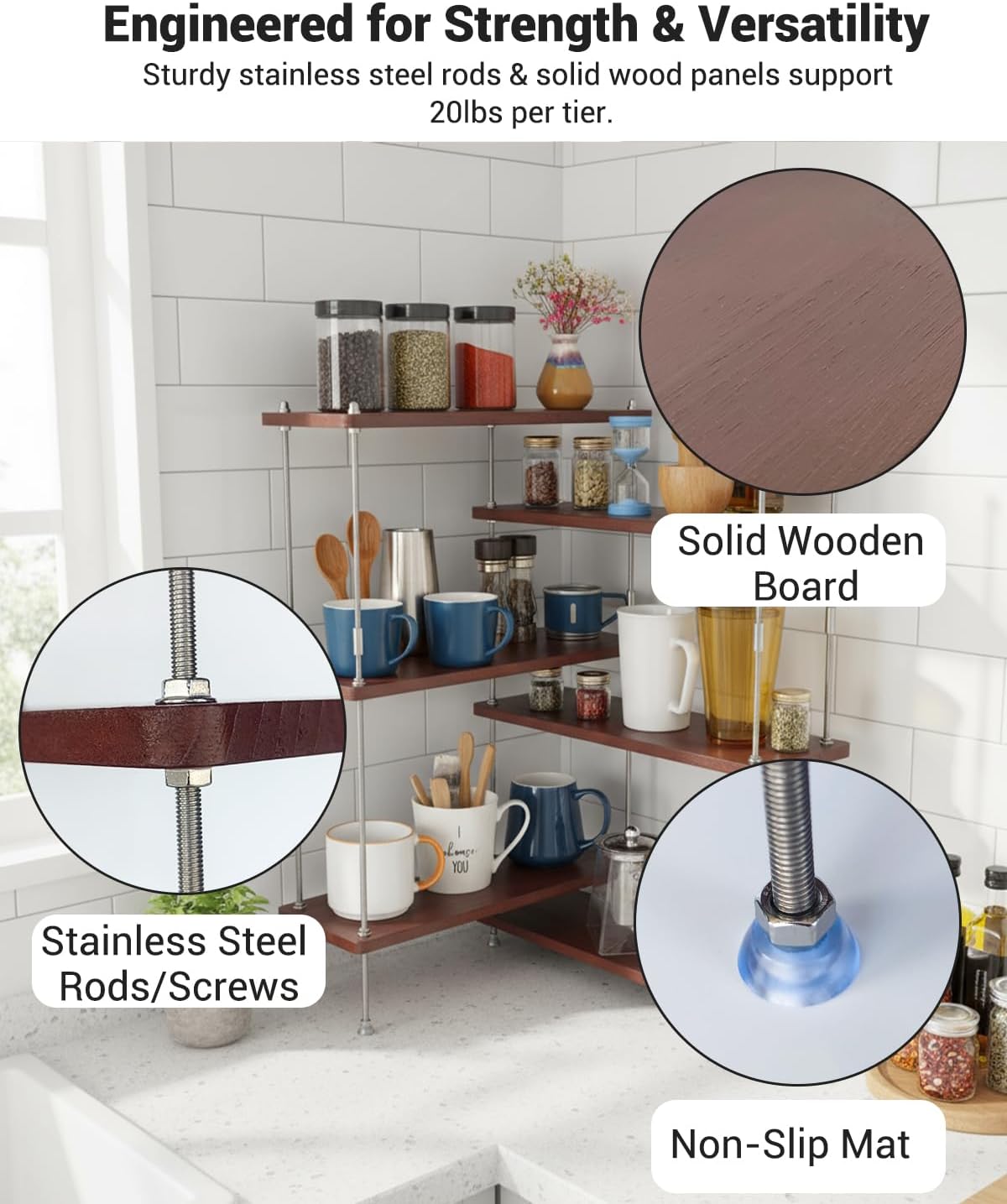 VINIUSIKI 調節可能な6段L字型カウンタートップシェルフオーガナイザー キッチンスパイスラック カウンタートップ用 DIY