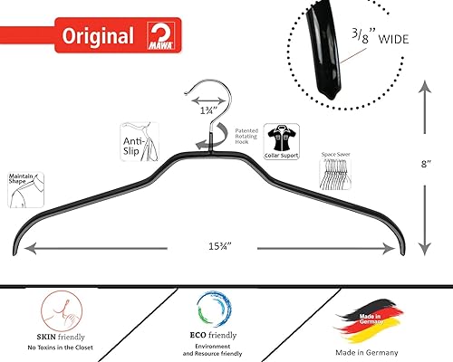 Miniatura 8 de Mawa by Reston Lloyd Silhouette Series - Percha antideslizante para camisas y vestidos, estilo 41F, juego de 140, color negro