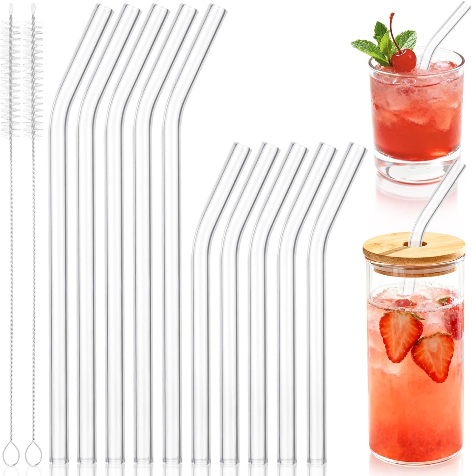 - 10 Pack Reusable Glass Straws - 6" x 10mm and 9" x 10mm, Clear Glass Drinking Straws for Smoothies, Milkshake, Coffee, Juice, Cocktails, Each Size Including 5 Bent with 2 Cleaning Brushes