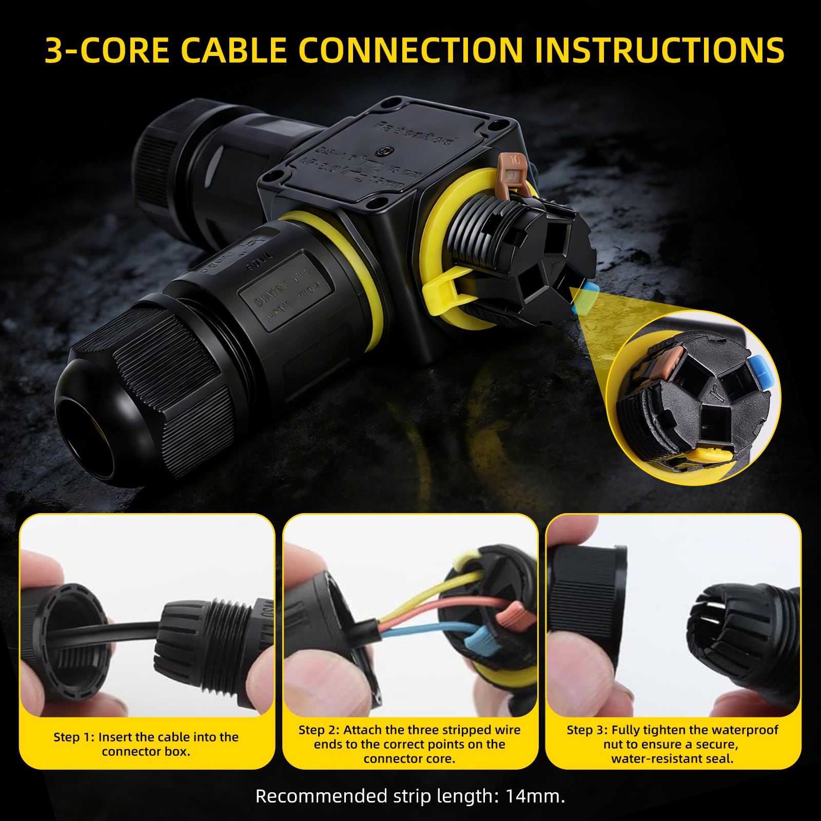 Conector de Cable Estanco IP68,onector de cable impermeable de 4-12 mm de diámetro Conector de cable impermeable de 3 vías, para Jardín, Solar y Cámaras (5 Unidades)