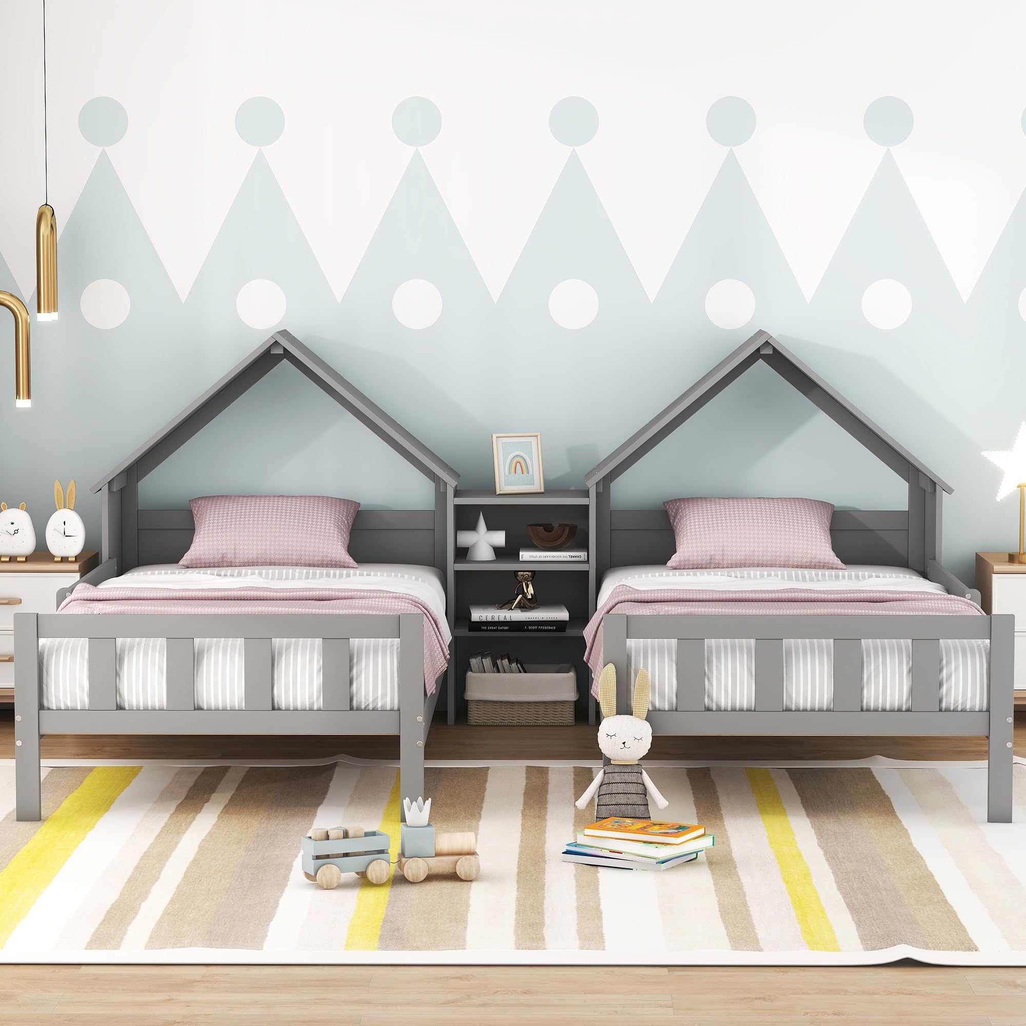 SOFTSEA Twin Double Bed Frame for Kids, Wood House Bed Frame with Nightstand, Two Shared Bed for Kids, No Box Spring Needed, Gray