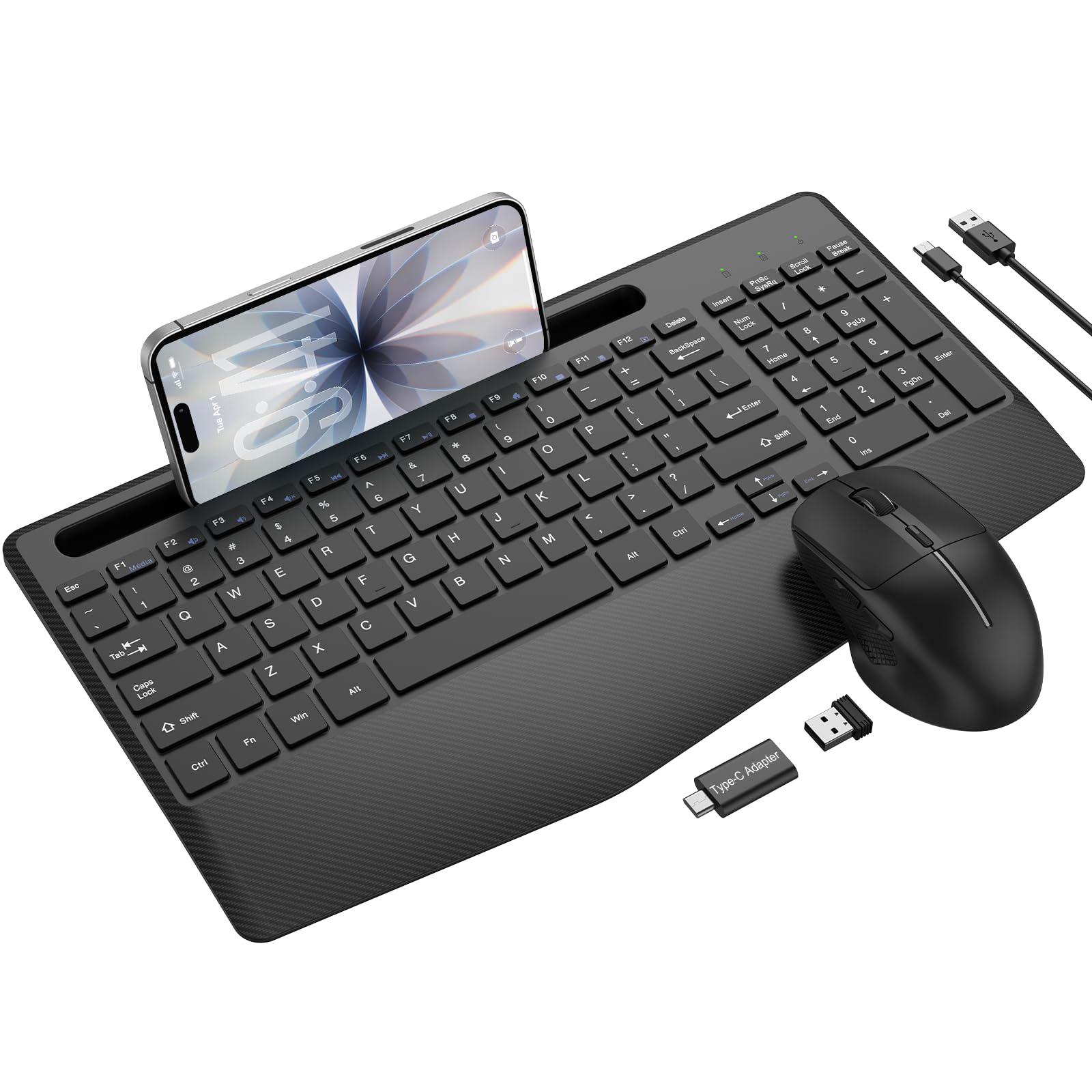 Cicha bezprzewodowa kombinacja klawiatury i myszy, ergonomiczna podpórka pod nadgarstek i uchwyt na tablet na telefon, adapter USB-C w zestawie, zestaw bezprzewodowy 2,4 G bez opóźnień do systemu