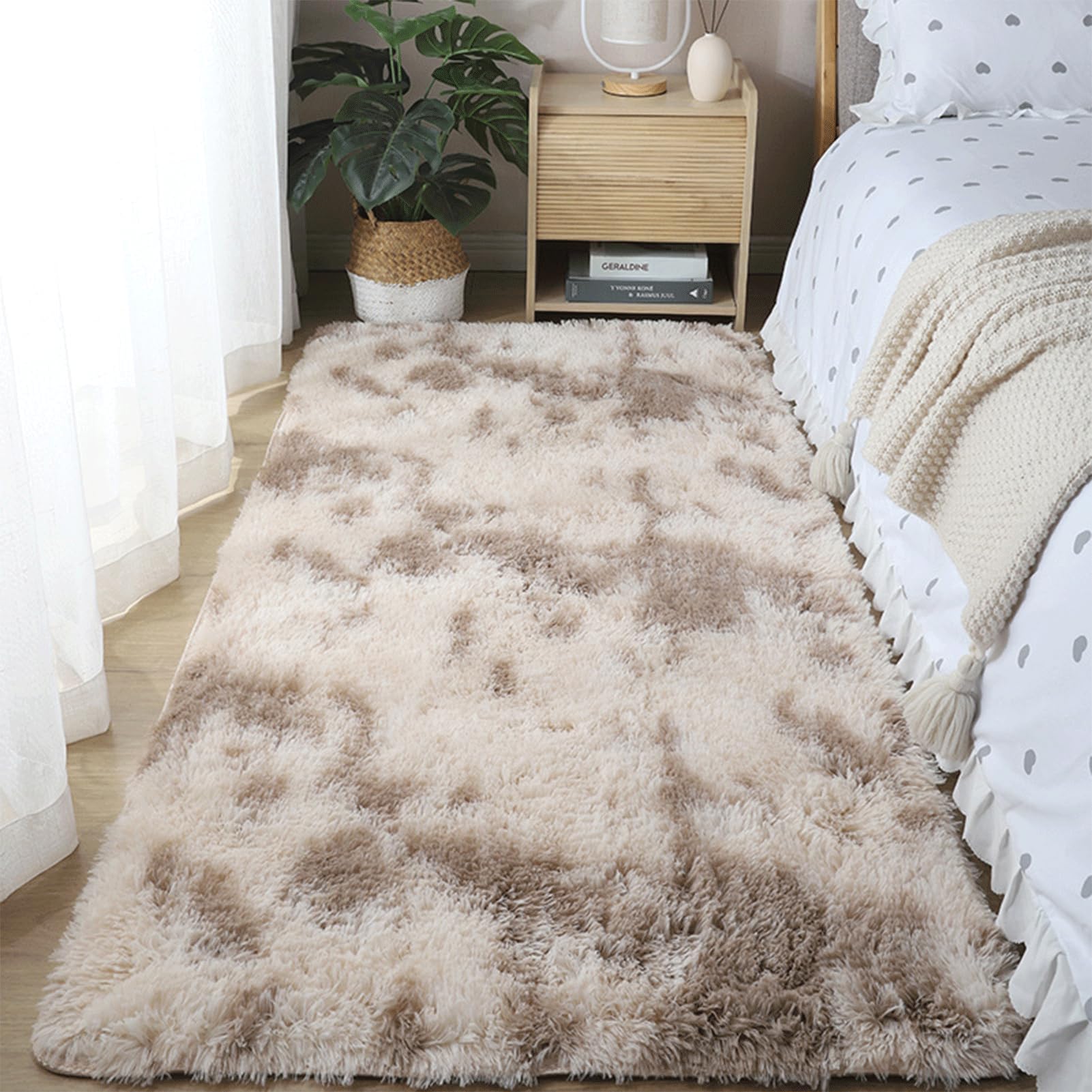 Shaggy Deep Pile Carpet for Living Room, Bedroom & Children's Room, Fluffy Non-slip Washable Modern Area Rug, Runners & Hallway, Kitchen, Khaki, 120x200cm
