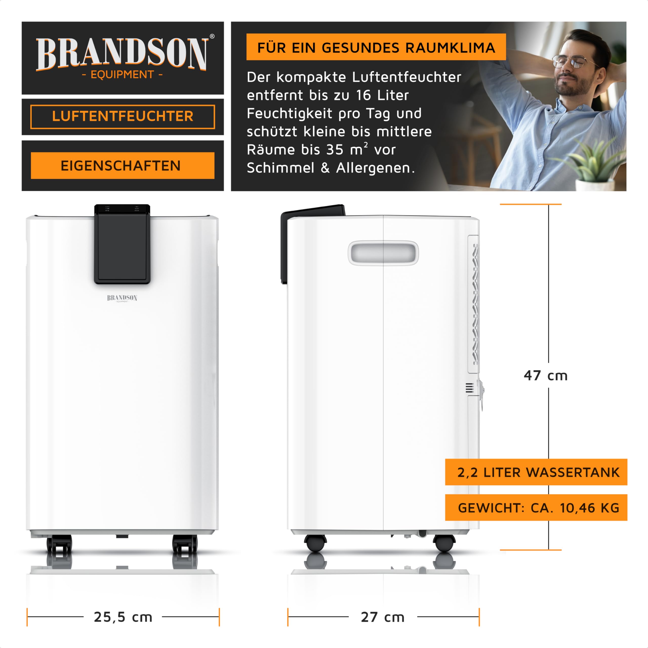 Brandson - Luftentfeuchter 16L mit Kompressor – Dehumidifier Raumentfeuchter elektrisch – 16 Liter / 24h – sehr leise - Display - Schlafzimmer Bad Keller