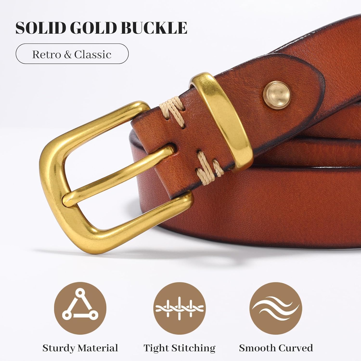 WHIPPY Womens Genuine Leather Belts for Jeans Fashion Vintage Ladies Full Grain Solid Leather Belt with Gold Buckle - Image 2