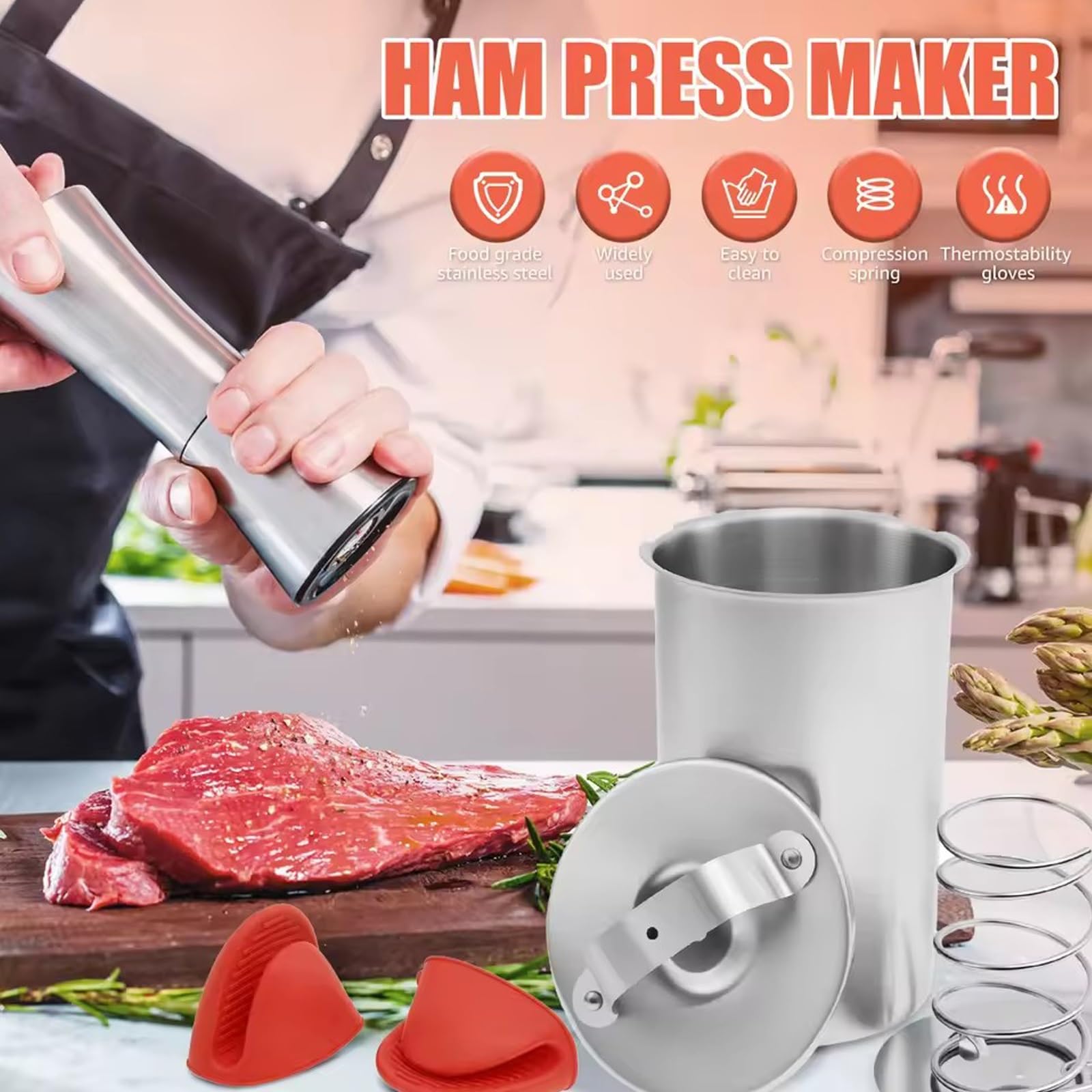 Pressa per Salumi in Acciaio Inossidabile, Stampo per Prosciutti Con Termometro, Pressa per Carni Cotte E Affettati, Strumento Robusto per Una Cucina Domestica Sana E Sandwich Fatti in Casa(A-2PCS)
