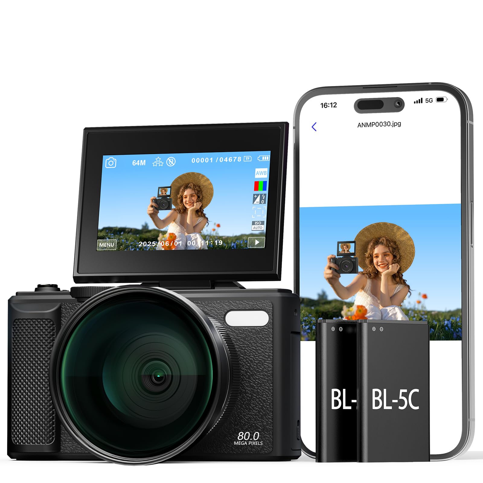 5K WiFi Digitalkamera & Fotokamera 80 MP, Vlogging Kamera für YouTube mit Autofokus, 3" 180° Klappbildschirm, 18X Digitalzoom Reisekamera für Anfänger & Jugendliche, mit 64GB SpeicherKarte & 2 Akkus