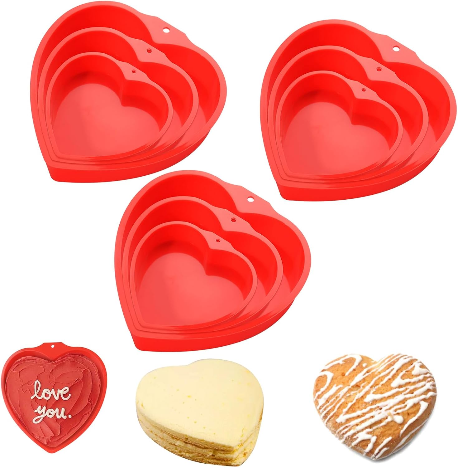 9 pcs heart shaped cake pans 4,6,8 inch silicone nonstick baking pan set red diy versatile cake mould for hanging reusable dessert baking mould with holes for baking supplies