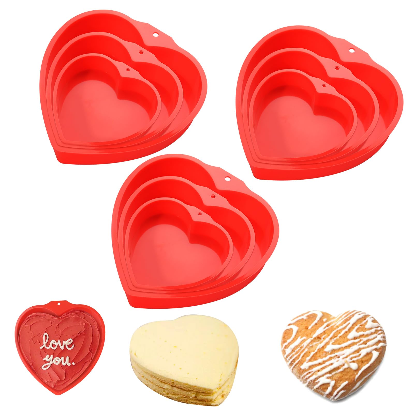 9 stampi per torta a forma di cuore per San Valentino, stampi per torta a forma di cuore rosso, 20,3 cm, 15,2 cm, 10,2 cm, in silicone, antiaderente, riutilizzabile, per torte fatte in casa,