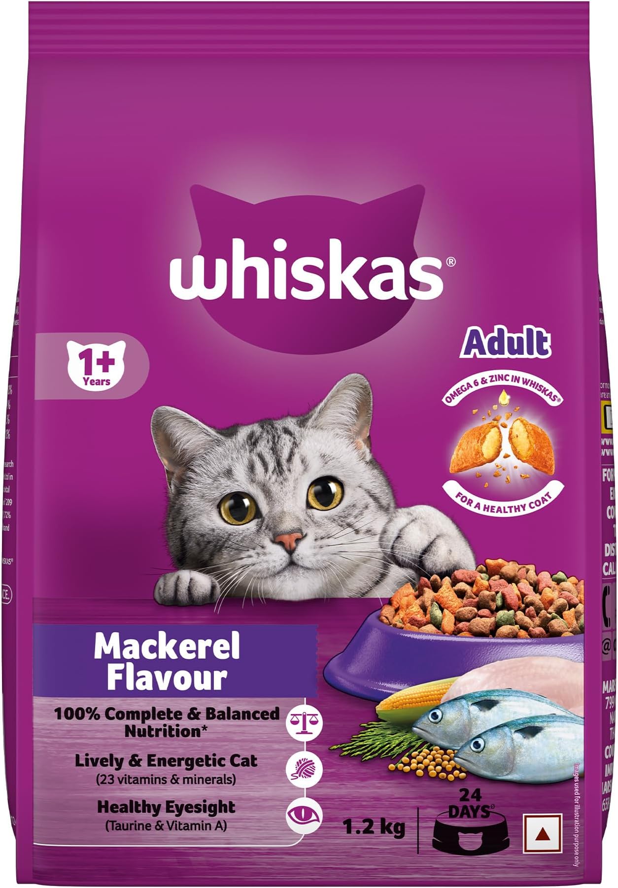 Adult (1+ Years) Dry Cat Food, Mackerel Flavour, 1.2 kg, Contains 41 Essential Nutrients, Complete & Balanced Nutrition for Adult Cats