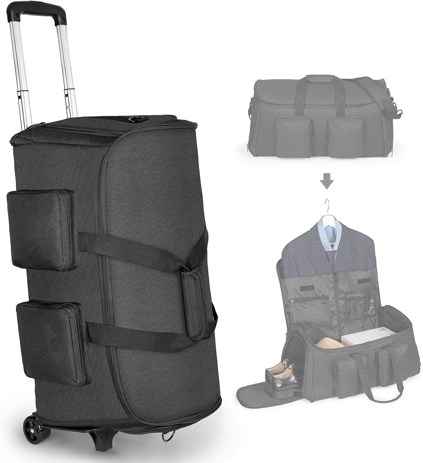 Brand Rolling Garment Bag with Wheels - Carry On Size, Detachable Trolley, Shoe Pouch