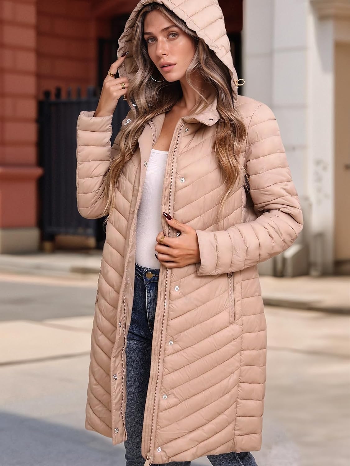 Women Winter Thickened Quilted Puffer Coat with Hood Long Padded Down Puffer Jacket Overcoat Lightweight Warm
