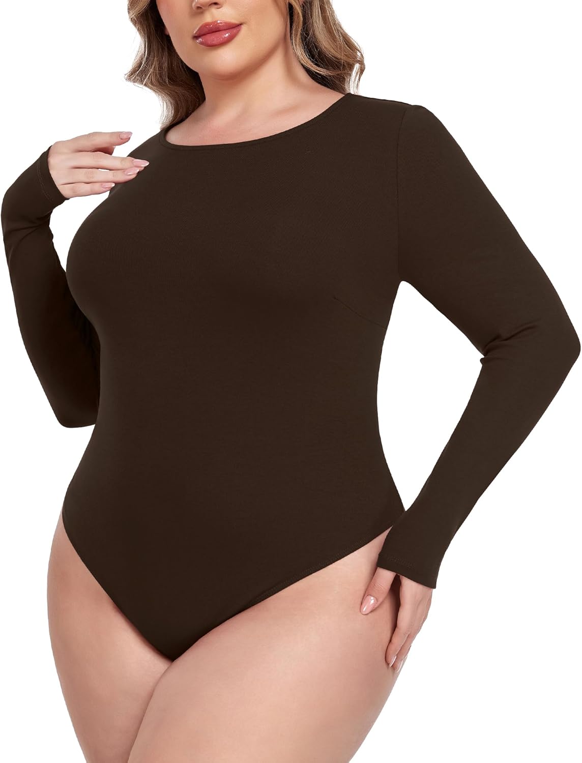 COOTRY Plus Size Crew Neck Bodysuits for Women Long Sleeve Body Suit Basic Slim Fit Bodysuit Leotard Tops
