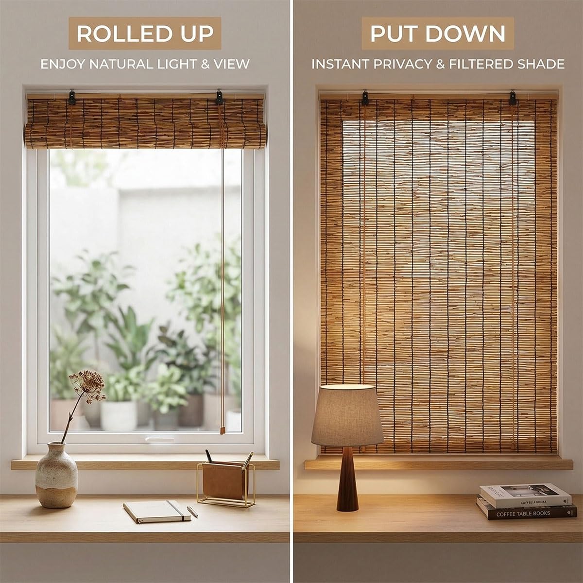 RETR Bambusrollo Outdoor Wetterfest, Sichtschutz Rollo für Balkon, Lichtfilternde Rollo Bambus für Garten, Sonnenschutz Bambus Jalousie Außen, Natur Schilf Vorhang(Natural,120 x 180 cm)