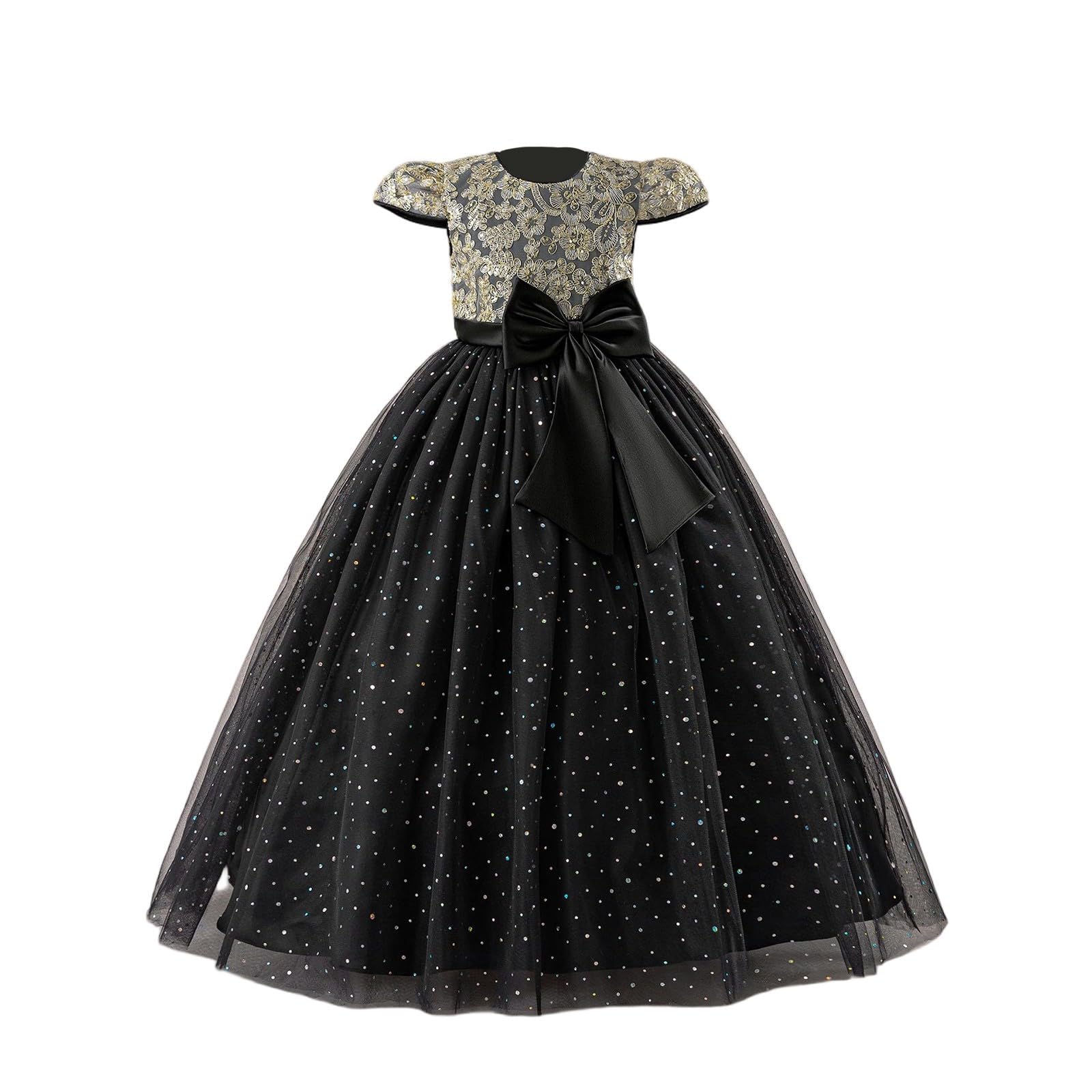 Girls Sequins Wedding Dresses Prints Short Sleeve Bow Waist Multitiered Swing Birthday Holiday Tulle Dress 8 to 13Y