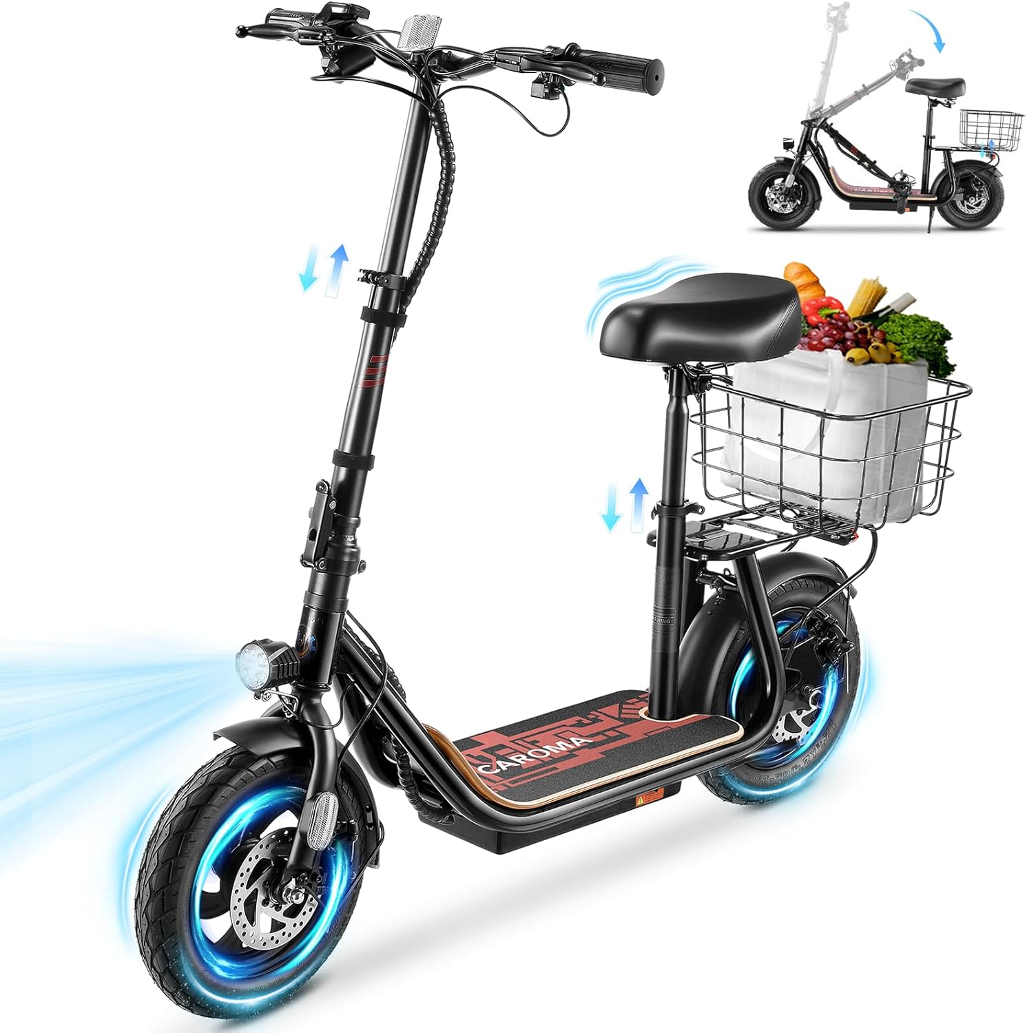 Caroma Peak 1200W/800W Electric Scooter with Seat, 30 Miles Max Range Electric Scooter Adults&Teens, 20MPH Top Speed Foldable Ebike, Adjustable E-Bike with Basket&Kid Seat, Commuter Escooter