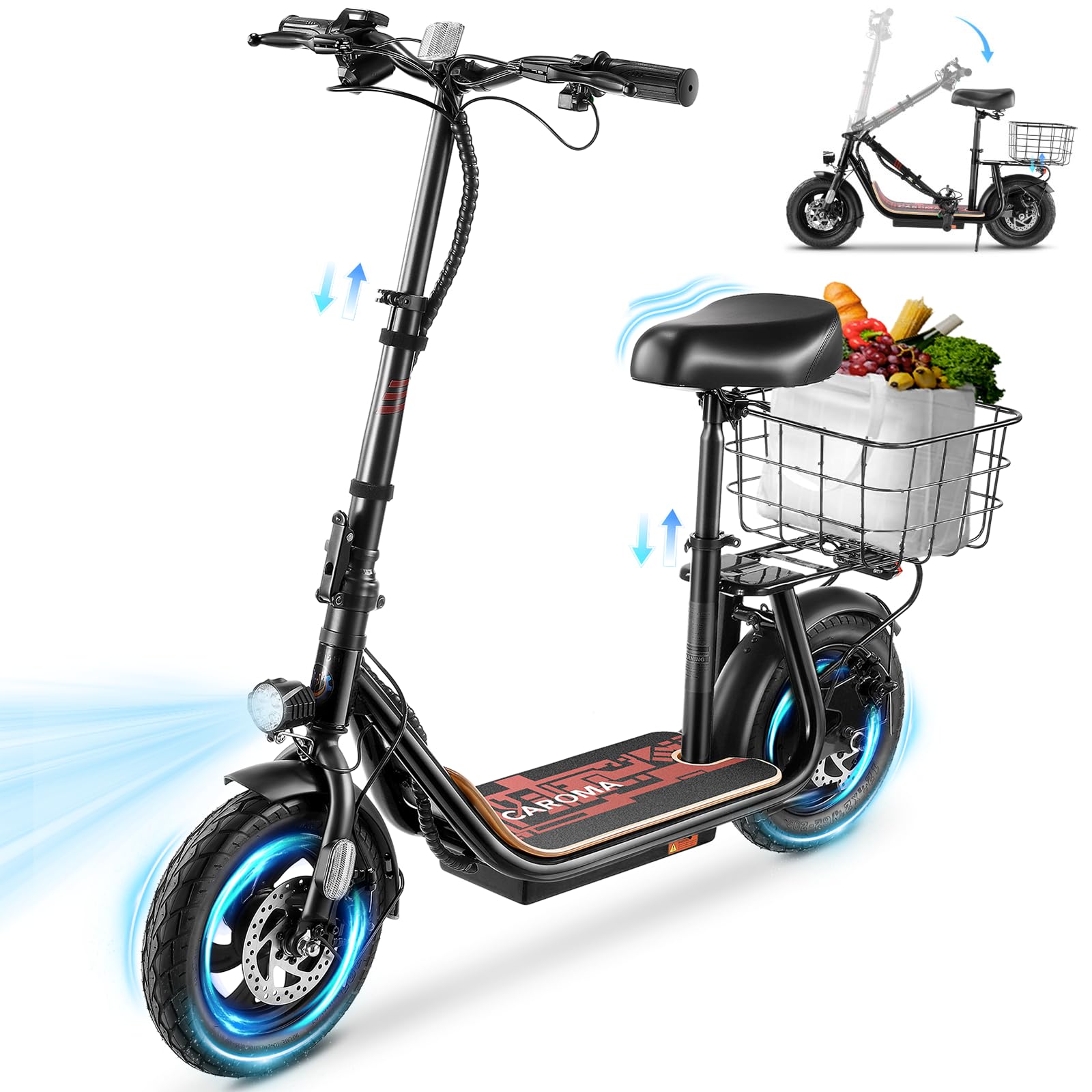 Caroma Peak 800W/1200W Electric Scooter Adults, 30 Miles Max Range, Foldable Electric Scooter with Seat, Front Suspension, Detachable Large Basket,Commuter E-Scooter for Adult and Teens