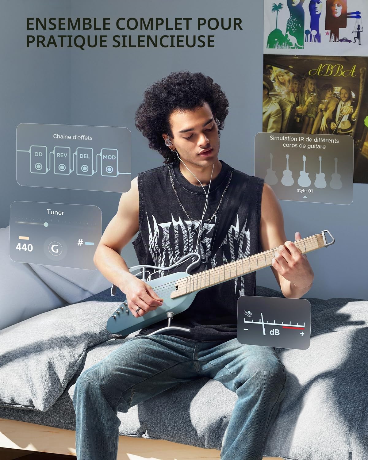 Donner Guitare électro-acoustique HUSH I PRO Travel avec modes d’effets multiples, kit intelligent comprenant des écouteurs, une housse de transport, une sangle, un câble de chargement, Hawaiian Blue