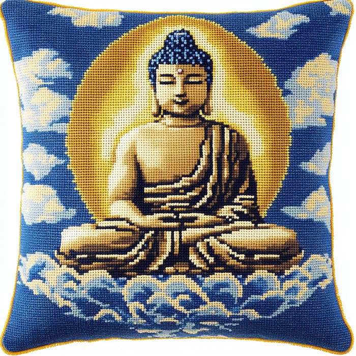 Kit broderie point de croix Bouddha coussin zen 45x45cm DIY adult