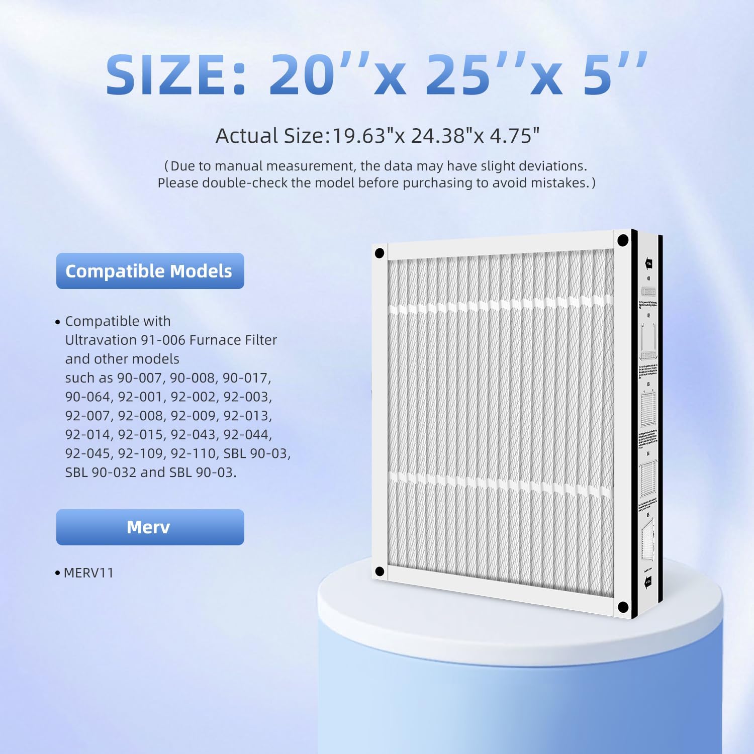 91-006 Furnace Filter MERV 11 Replacement Air Filter Compatible with Ultravation 91-006,90-007,90-008 Filter 20x25x5 Foldable Design (2-PACK)