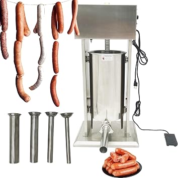 Electric Sausage Stuffer 15L, 120W Vertical Stainless Steel Meat Filler Machine with Stepless Speed & Foot Control, 4 Stuffing Tubes, Sausage Filling Machine for Home and Commercial Use