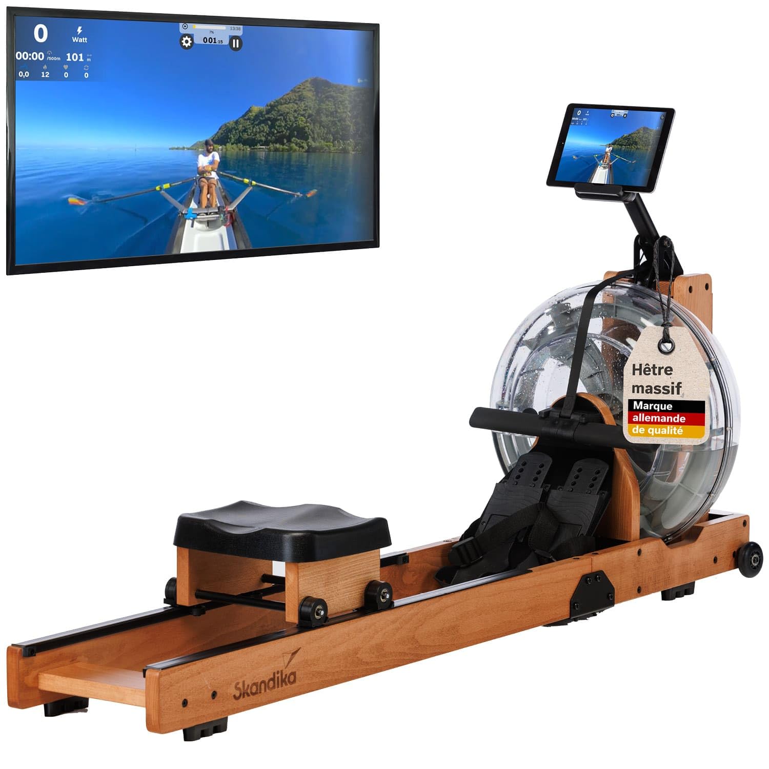 Skandika Rameur à Eau Lykke | réservoir à 90°, rameur d'appartement en Bois, Compatible avec l'application Kinomap, Bois de hêtre Massif, Eau | Rameur en Bois avec résistance à l'eau