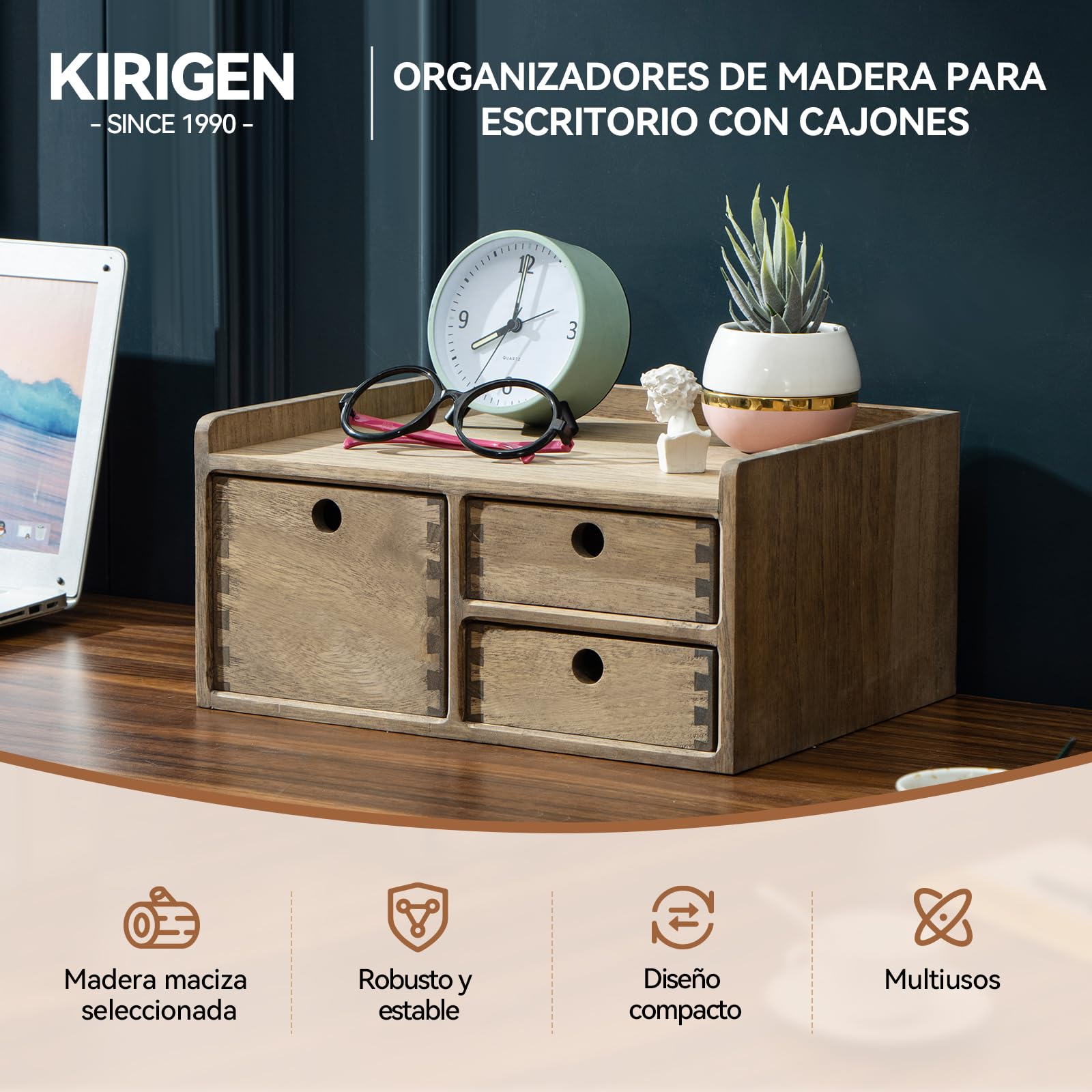 KIRIGEN Cajonera de Madera, Organizador de Escritorio, Marrón Oscuro | 35 × 27 × 16,7 cm, 3 cajones, 1 balda, madera maciza, hecho a mano, montado, acabado con aceite vegetal