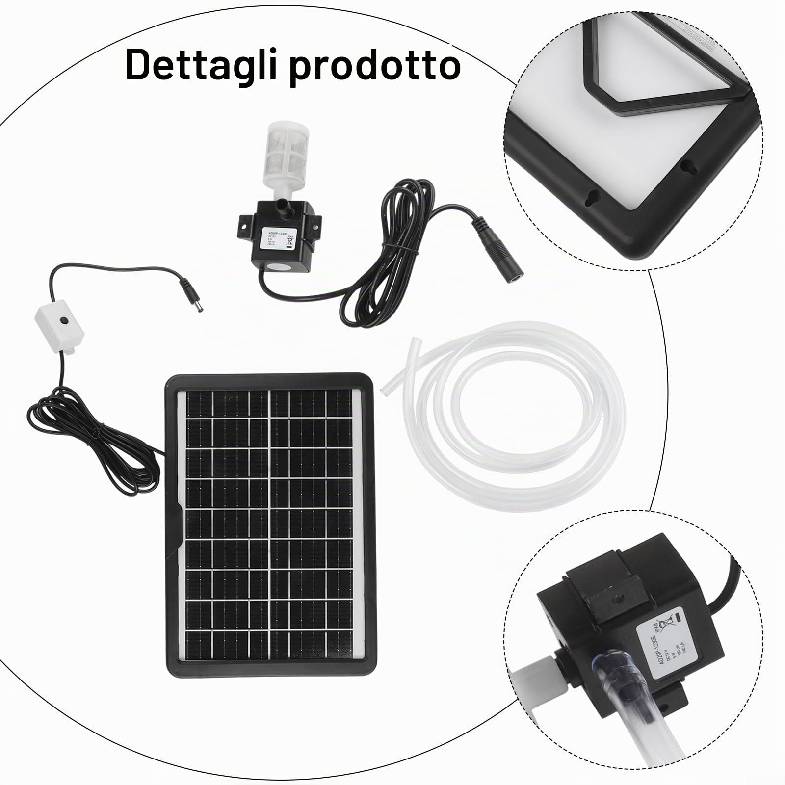 pompa per fontana solare, pannello 6W 9V con pompa sommersa 12V, portata 240L/H, per laghetto, giardino, acquario con filtro a tubo da 2M