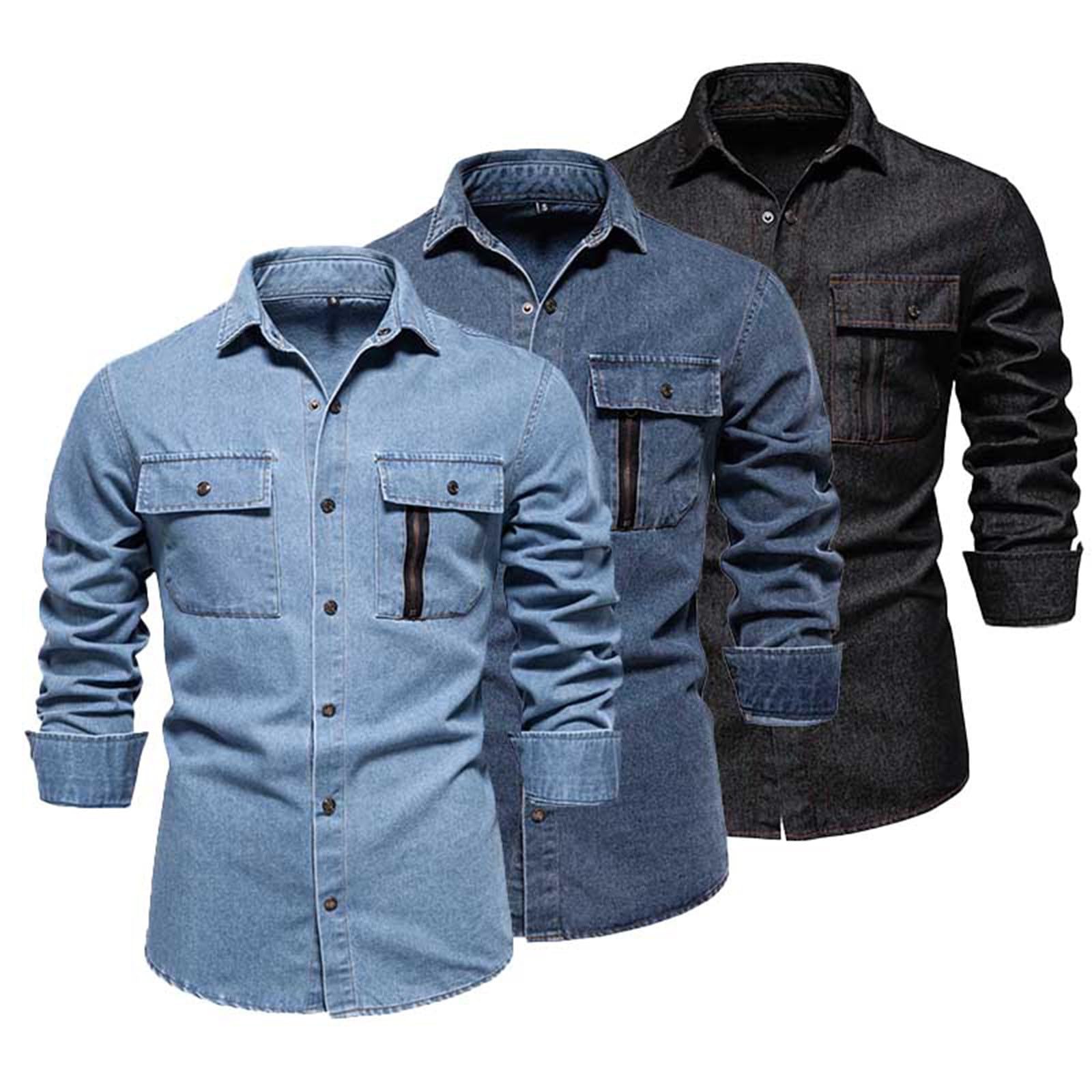 Generisch Camicia in jeans da uomo a maniche lunghe, con colletto rovesciato, classica, a maniche lunghe, comoda camicia da lavoro, con bottoni, per il tempo libero, traspirante, leggera, tinta unita