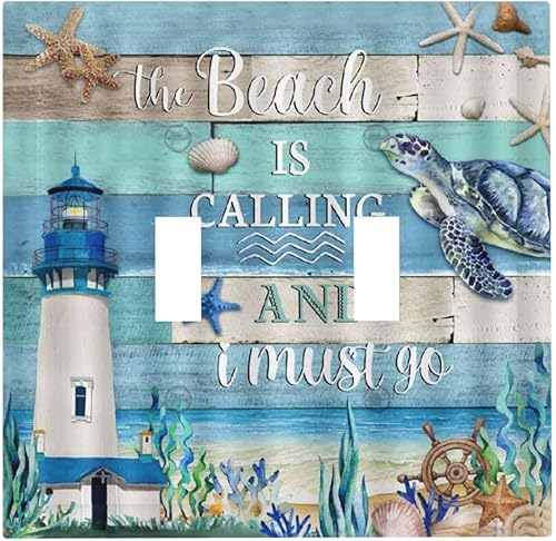 Faro vintage de tortuga marina sobre tablero de madera azul, cubierta de interruptor de luz de palanca doble, placa decorativa de pared de 2