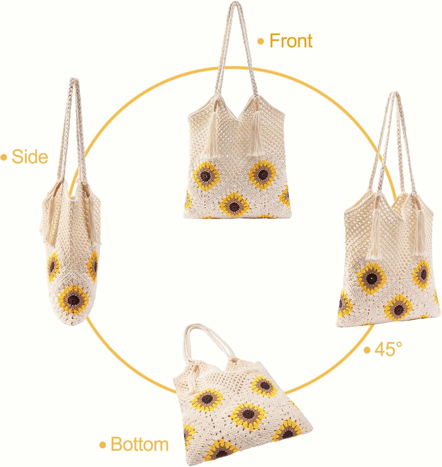 Crochet Beach Bag for Women: Handmade Sunflower Tote with Boho Fringe, 2026 Summer Vacation Shoulder Purse | Work, Woven, Soft, Vintage, Gift for Women
