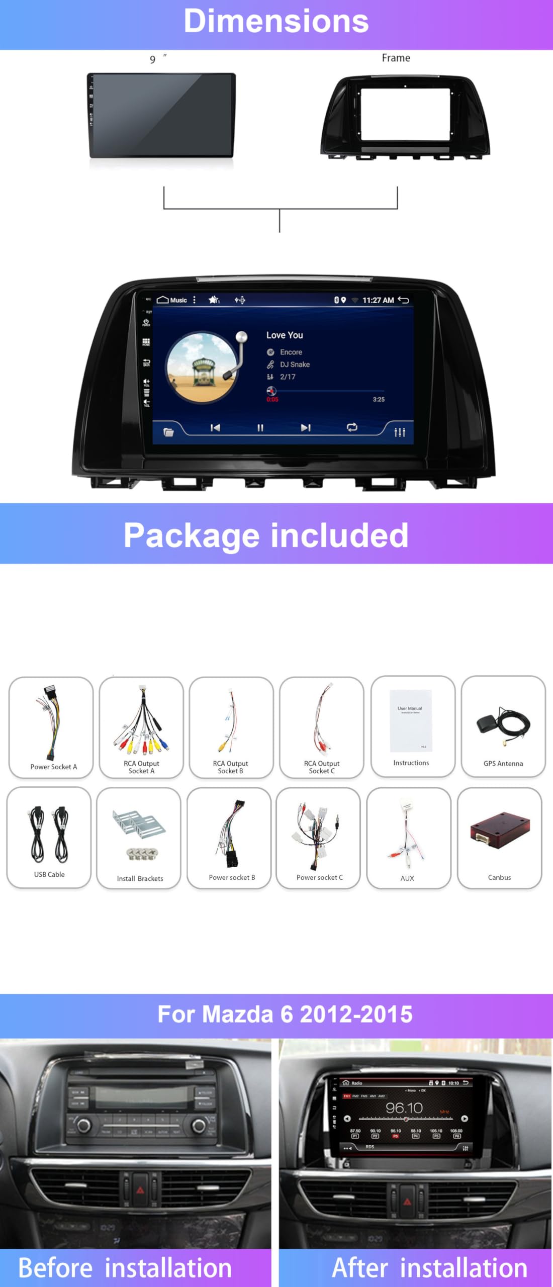 Android 14 Autoradio 12,3 Zoll Für Mazda 6 2017-2019 - Mit Carplay, Android Auto & GPS - 8 Core, 8GB RAM, 256GB