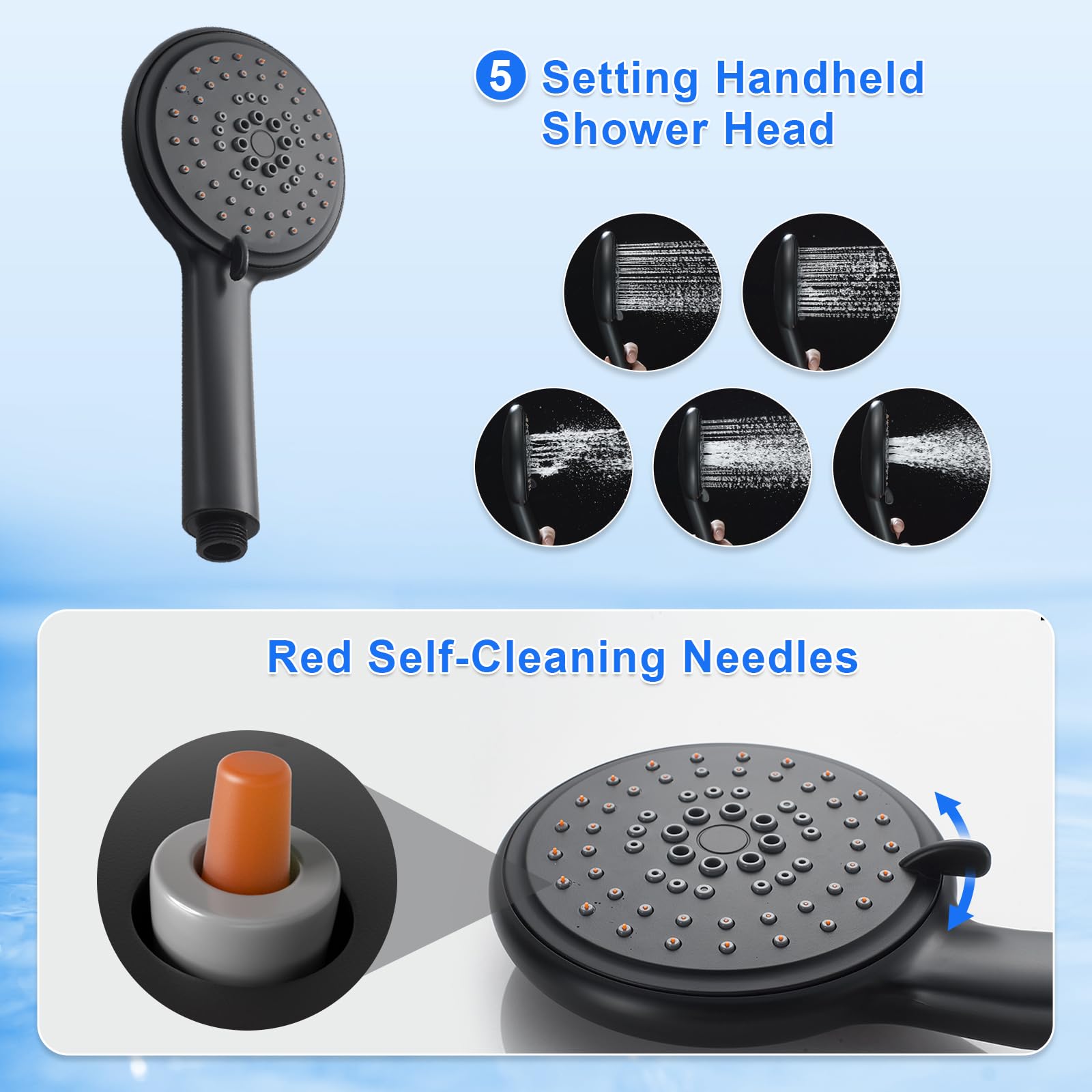 POPFLY Sistema de torre de panel de ducha, brazo de ducha ajustable, sistema de cabezal de lluvia de acero inoxidable con estante y 6 chorros de masaje corporal, panel de columna de ducha negro para