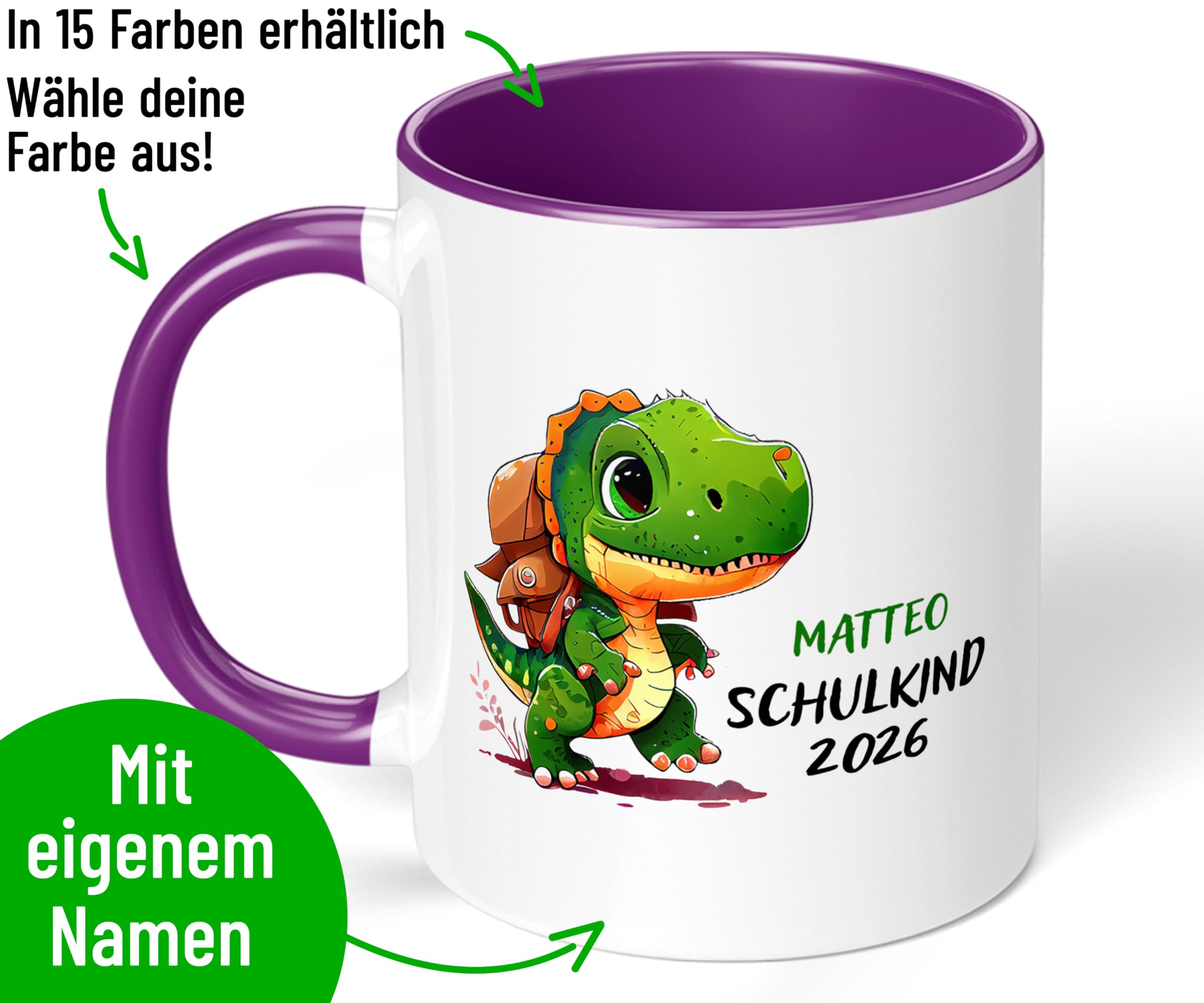 Geschenk zur Einschulung für Jungen: T-Rex Kinder-Tasse „Schulkind 2026“ - mit DINO-Motiv - personalisiert mit Namen Erstklässler - kleines Geschenk für Schüler 1. Klasse, Violett
