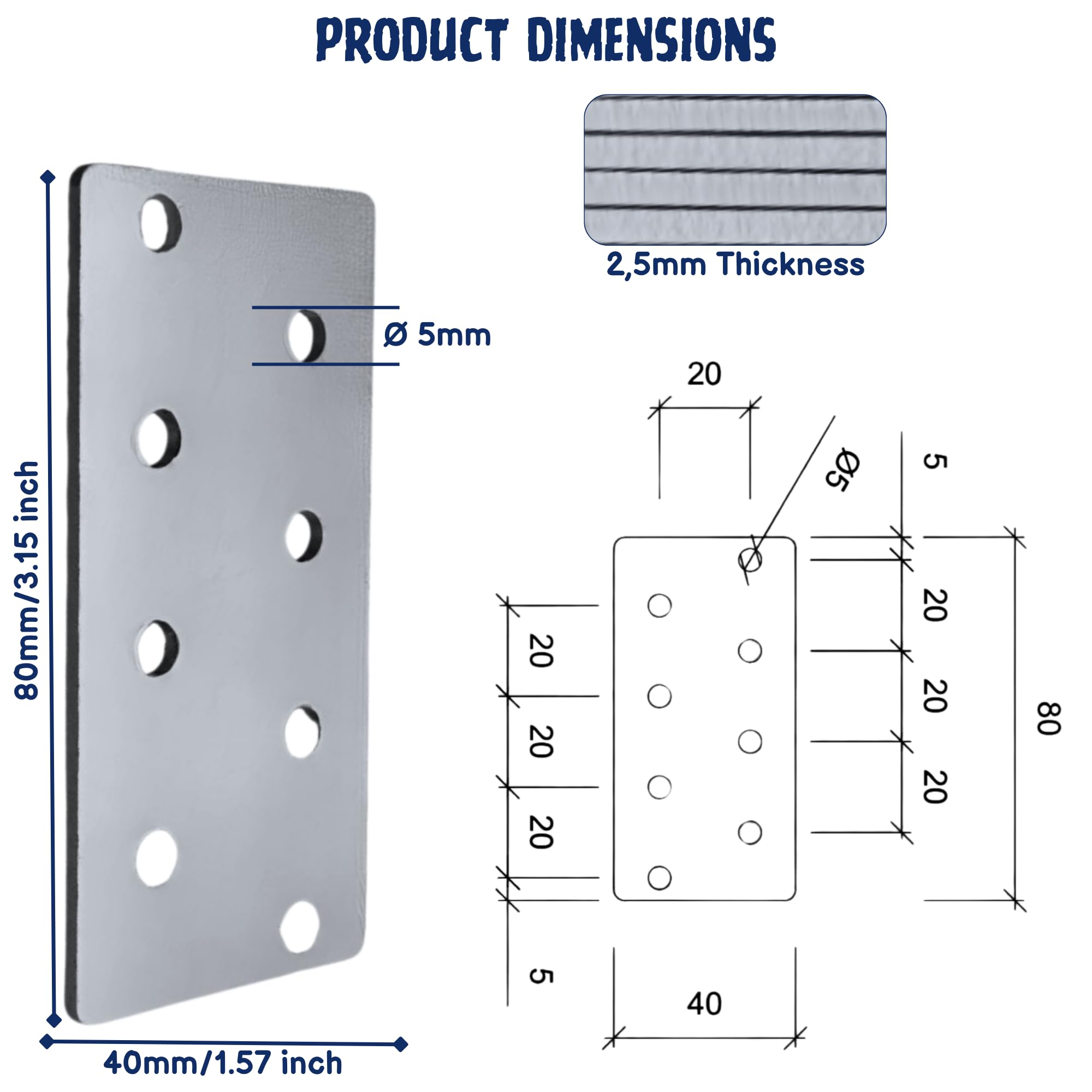 HANFCO® 10pcs 80x40x2,5mm Flat Brackets for Wood Galvanised Steel Perforated Mending Plates, Wood Metal Flat Joining Plates - Image 2