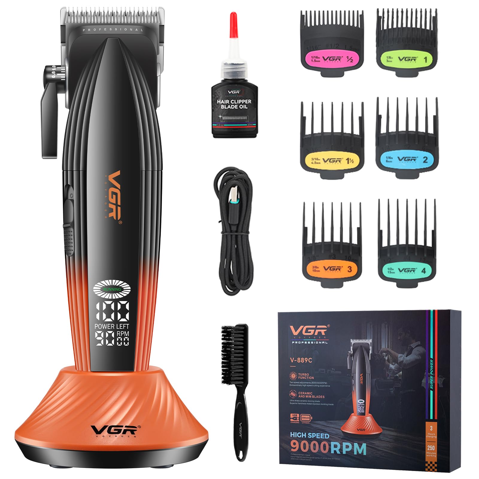 VGR 889C Maquina de Cortar Pelo Hombre Profesional, Función Turbo, Naranja | Máquina de Cortar Pelo Inalámbrica con Base, Cortapelos Ajustable Profesional Para Degradados con , Pantalla LED, Carga USB