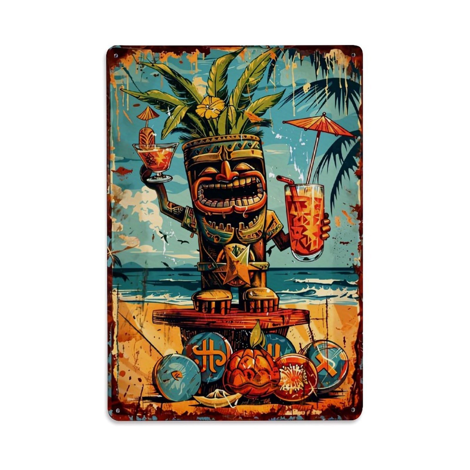 Jdfenggu Vintage Tiki God Beach Cocktail Palm Retro Metal Tin Sign, Decor Art Poster For Bar, Home, Man Cave, Kitchen, Laundry Room Gift 8X12inch