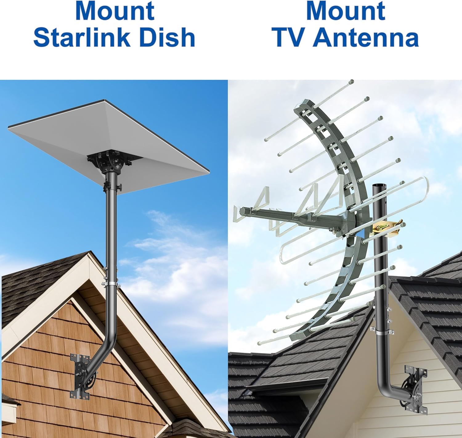 Support universel réglable pour antenne TV, mât en fer peint (1,38" x 24") - Montage mural, Gronde ou toit, Bracket Pivot résistant avec matériel inclus, noir