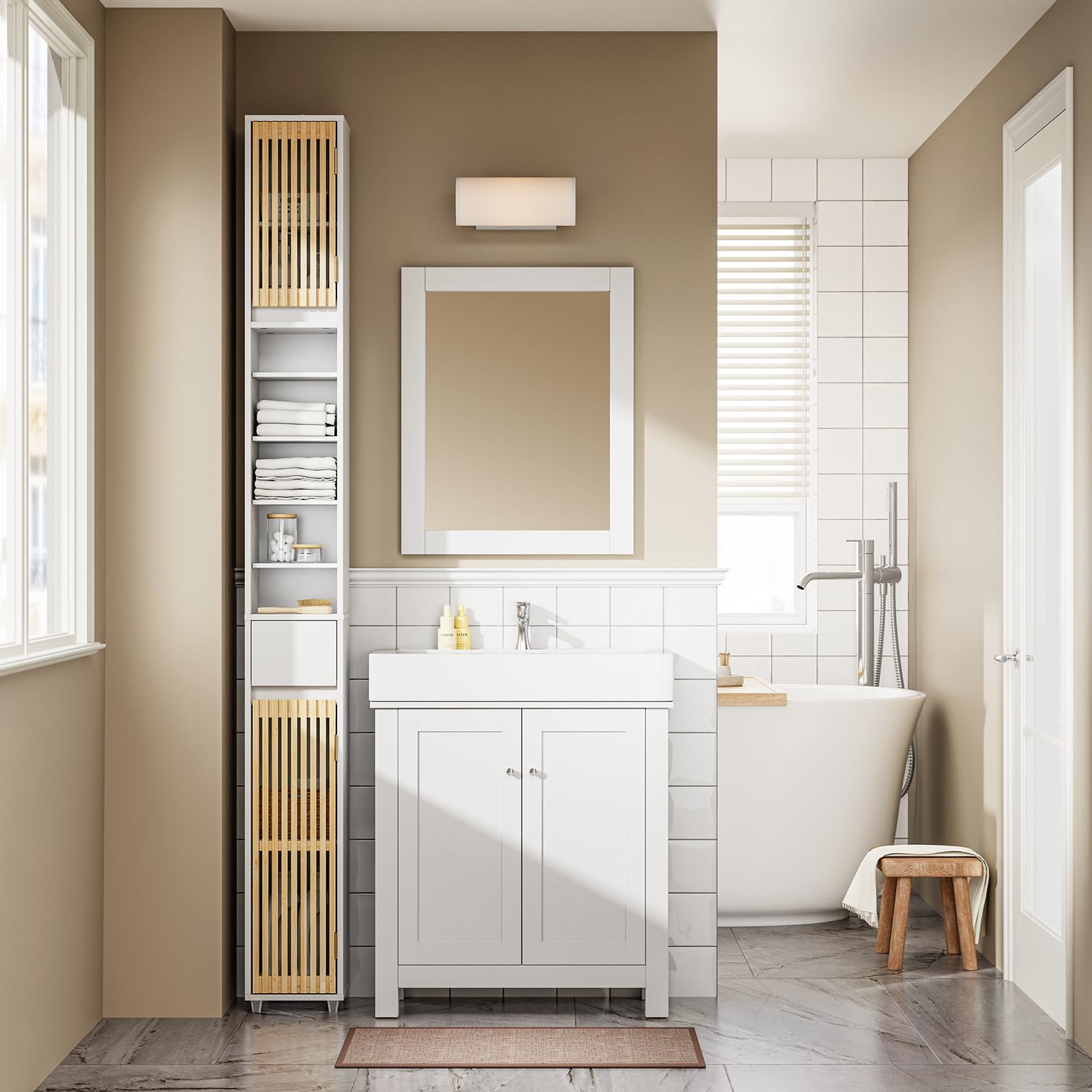 GIANTEX Badkamerkast hoge kast, 20 x 20 x 180 cm, badkamerkast smal met lade, 2 deuren en 5 open planken, kast voor badkamer en woonkamer (naturel, 4 planken GIANTEX Badkamerkast hoge kast, 20 x 20 x 180 cm, badkamerkast smal met lade, 2 deuren en 5 open planken, kast voor badkamer en woonkamer (naturel, 4 planken