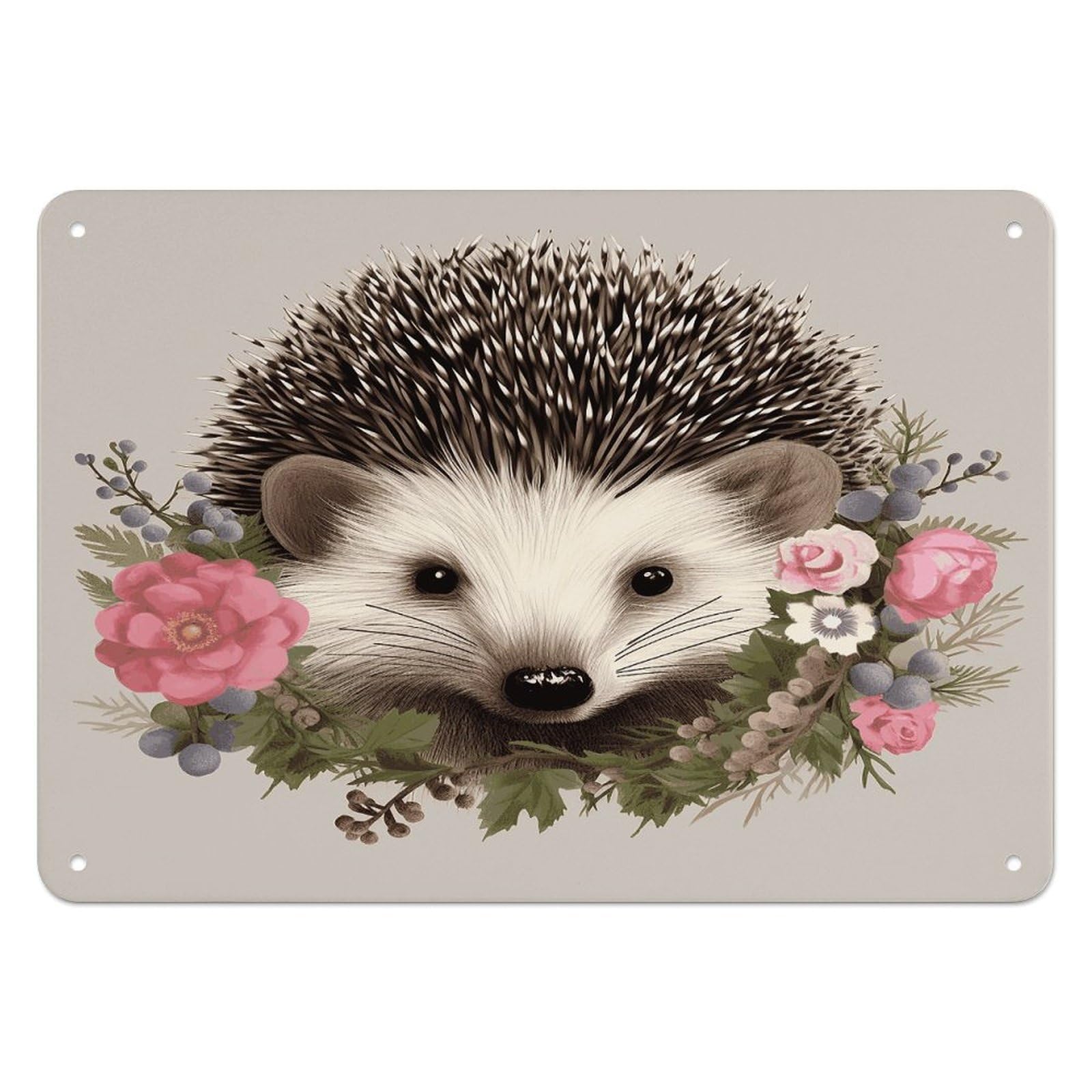 Btcowzrv Style Hedgehog In Floral Wreath Metal Sign, 5.5" X 7.9" Tin Wall Decor, Wall Art Plaques For Home Wedding Decor Room Living Room Decoration