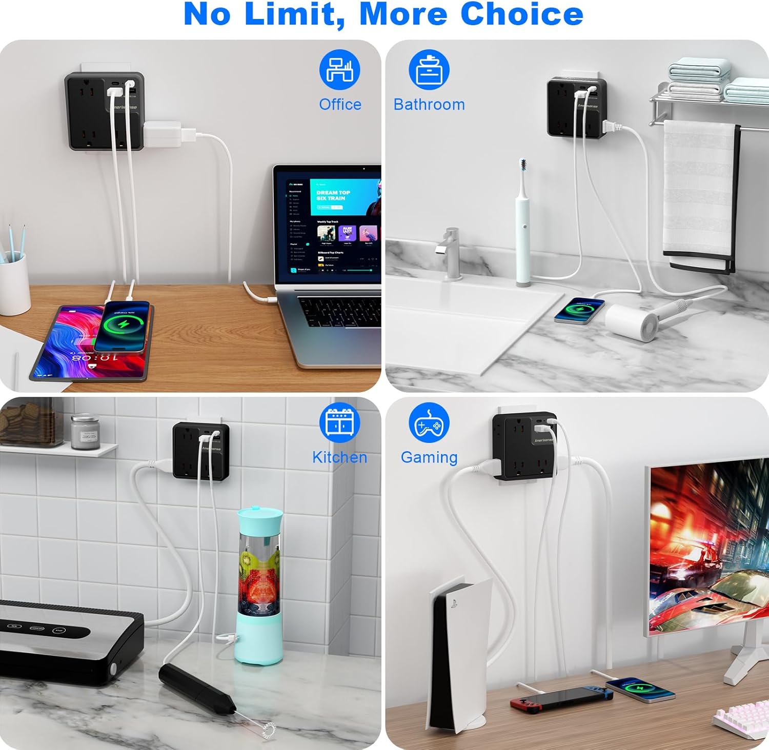 Multi Plug Outlet Extender with USB, Amerisense 900J Wall Charger with 6 AC Outlets & 4 USB Ports (2 Type-C & 2 Type A Ports), Surge Protector Multiple Outlets for Home, Kitchen, Office, Black
