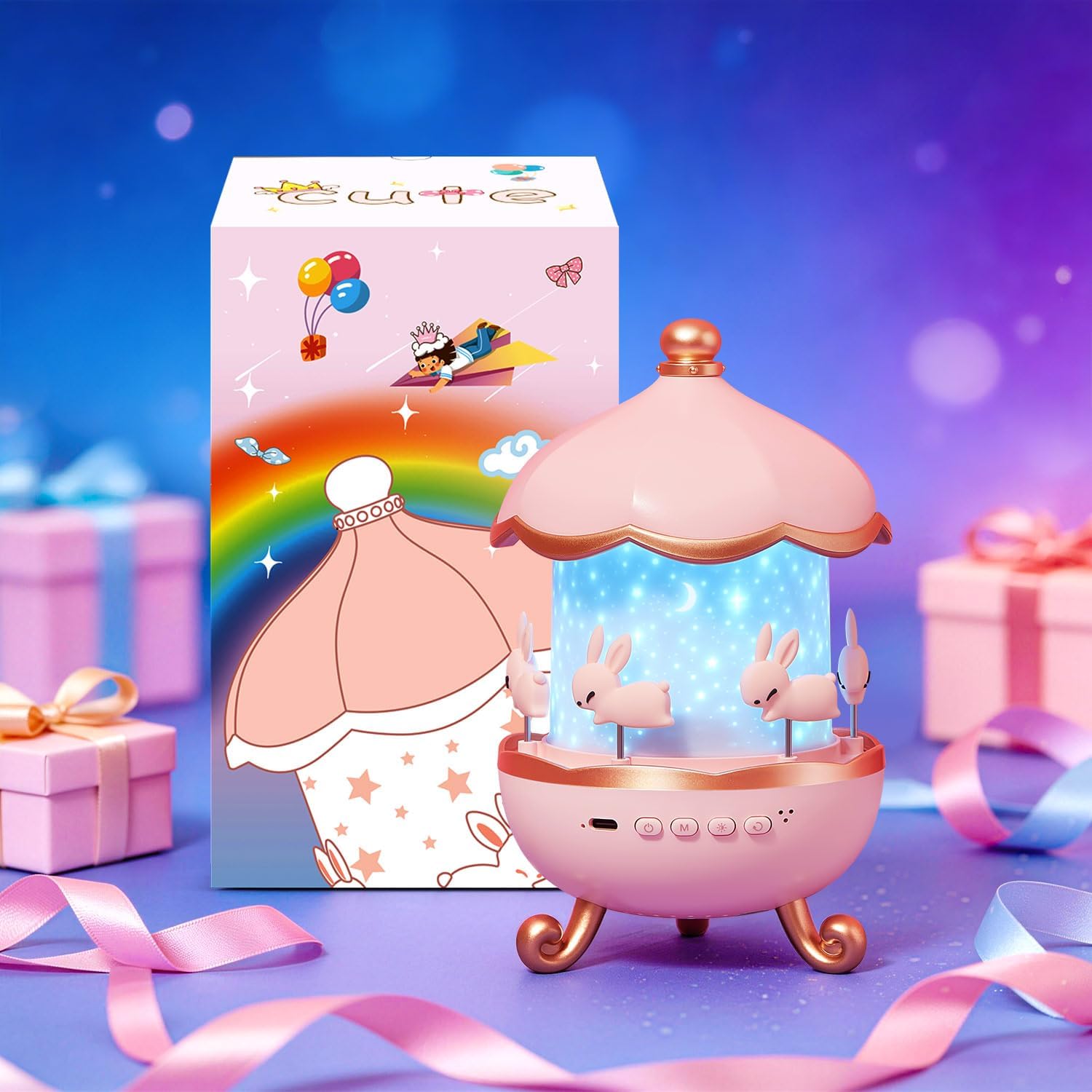 One Fire Princess Gifts for Girls Toys, 15 Music+15 Films+315 Colors Night Light Projector, 360°+Remote+Cordless Star Projector for Kids, Mermaid Gifts for Girls Room Decor, Pink Baby Toddler Toys