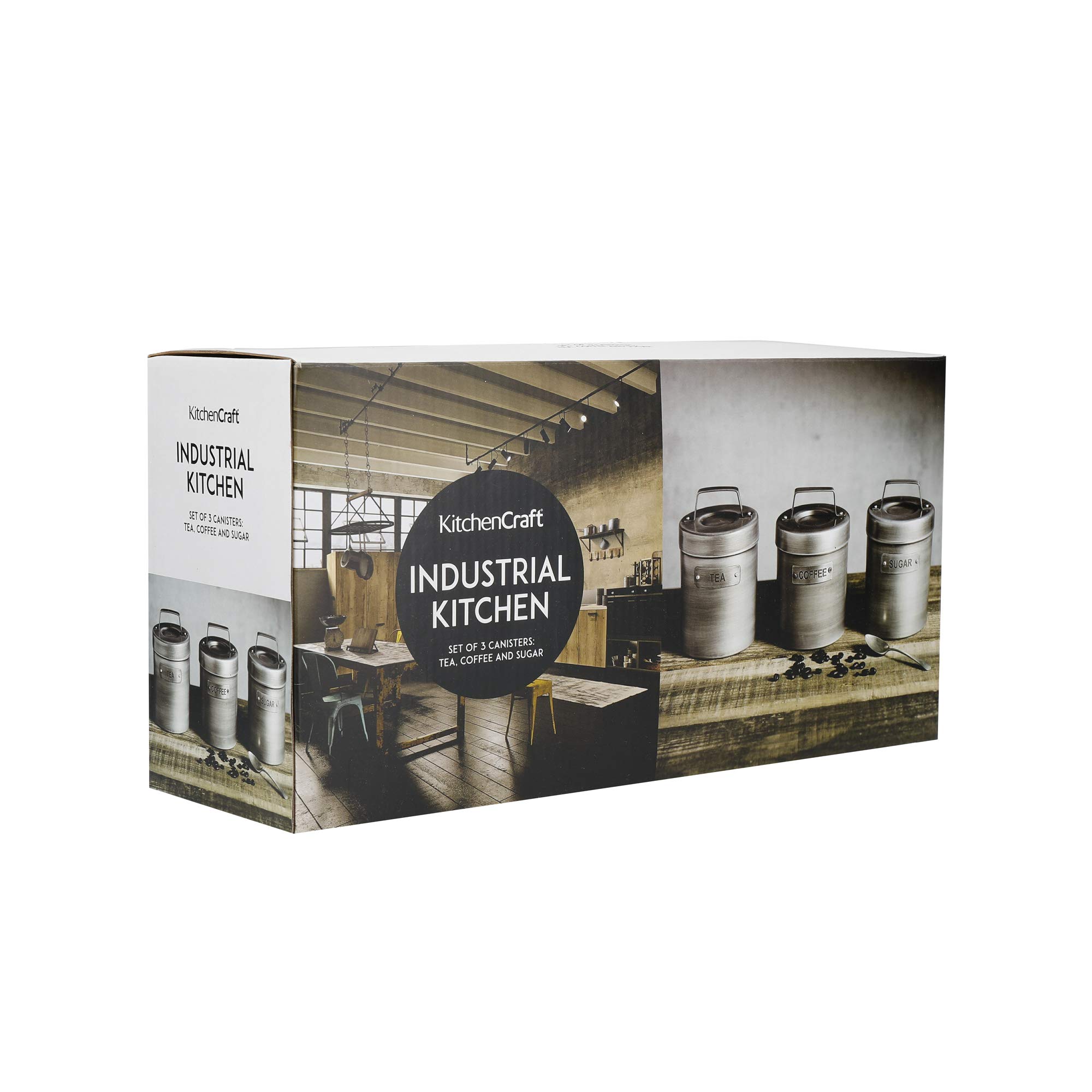 KitchenCraft Industrial Kitchen Set di 3 Barattoli in Metallo, 1 x Tè, 1 x Caffè, 1 x Zucchero, Confezione Regalo Inclusa, Design Vintage, 9 cm x 9 cm x 17 cm