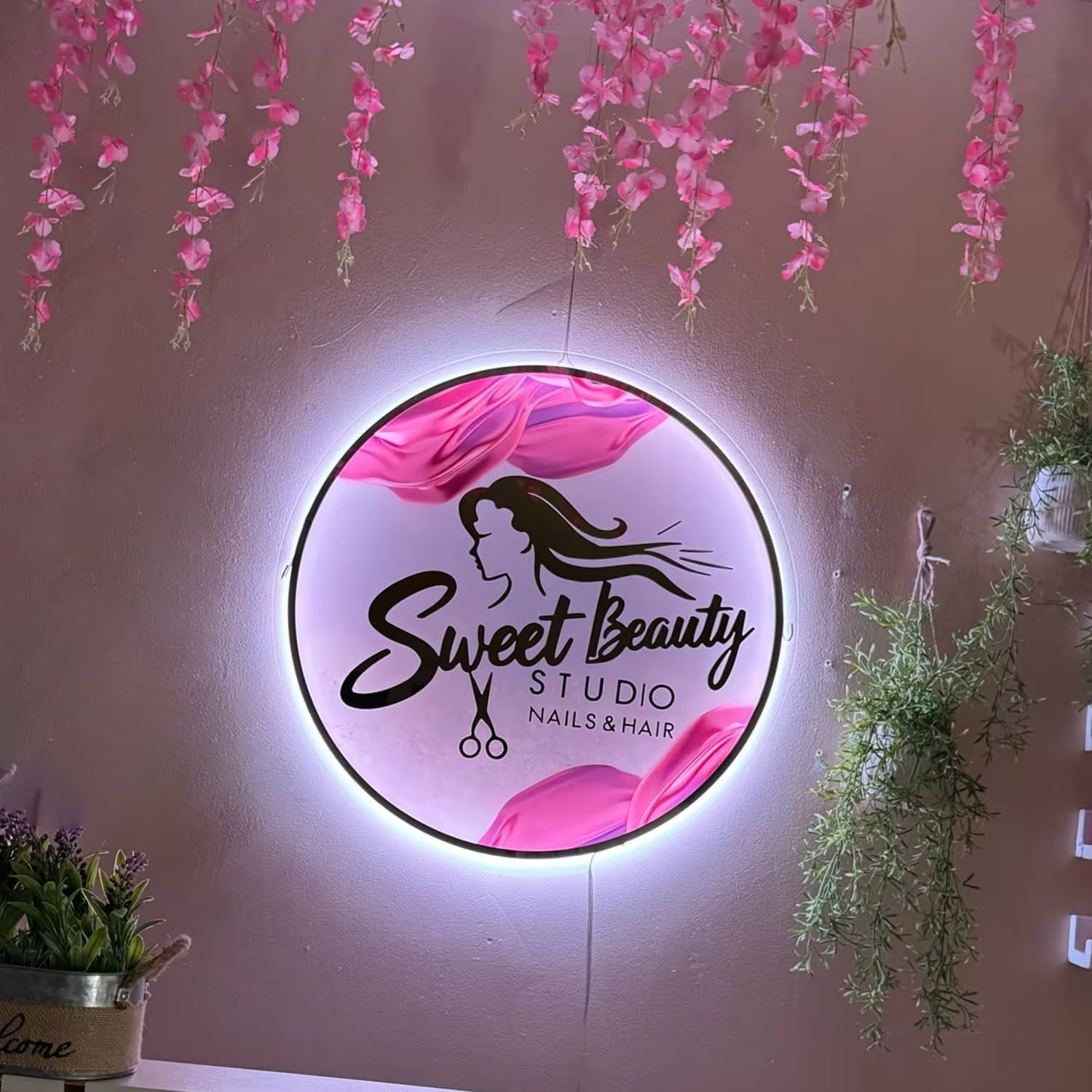 Custom Acrylic Sign for Business Logo with Colorful Mirror Acrylic Patch Trim and LED Neon Lights